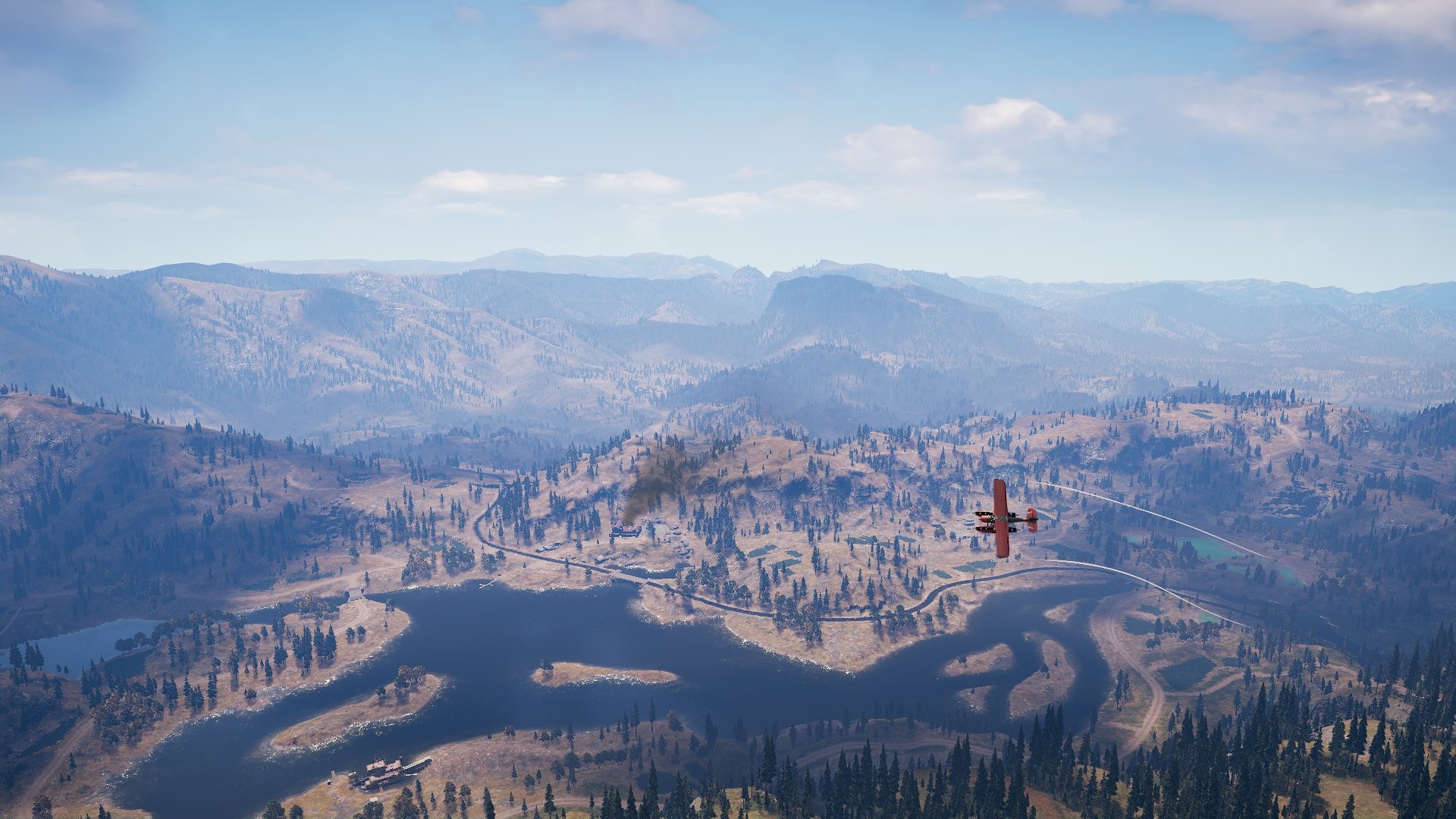 Far Cry 5 airplane flying over mountains and lake HD Wallpaper
