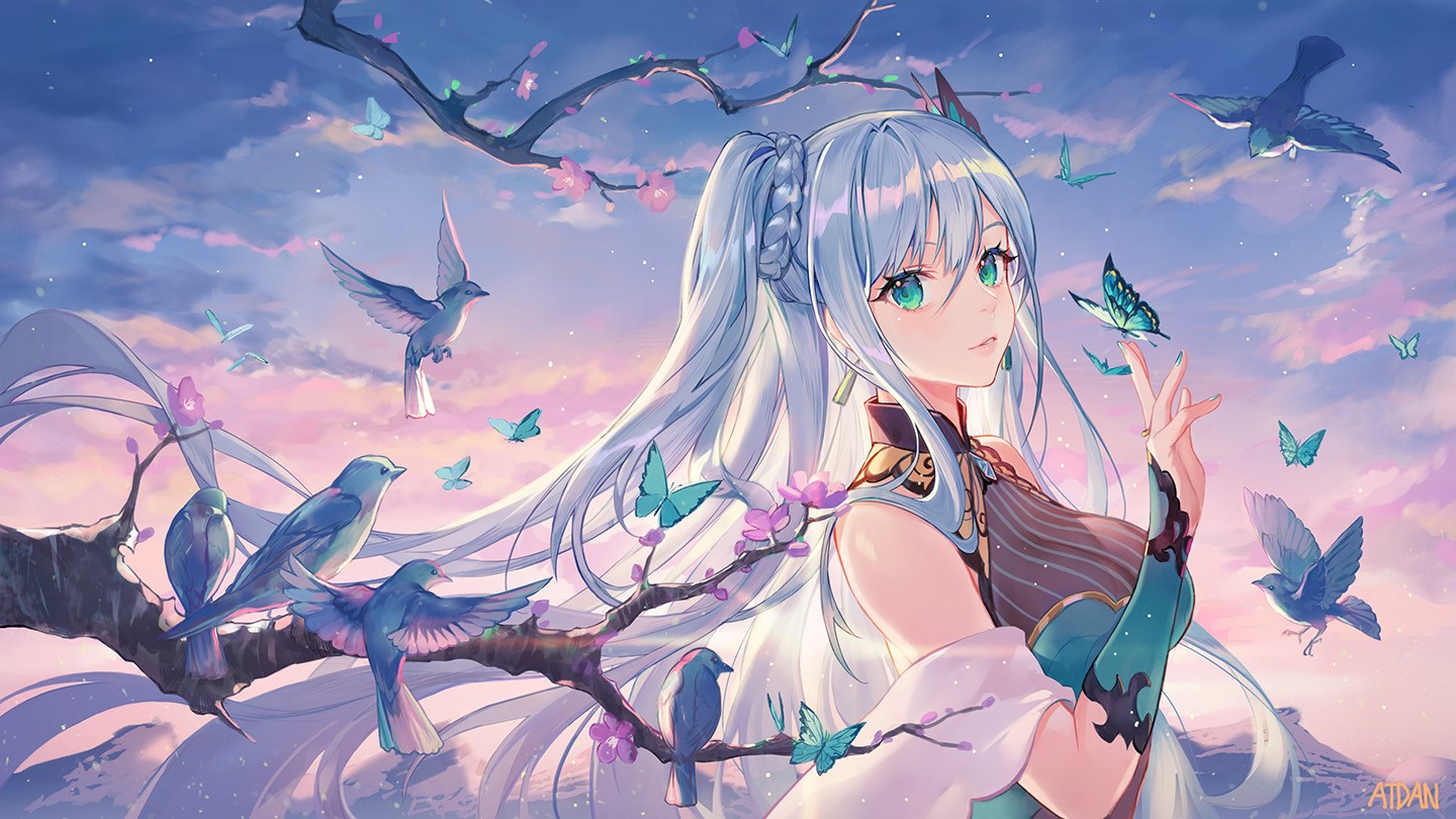 Anime girl with white hair and blue birds and butterflies HD Wallpaper