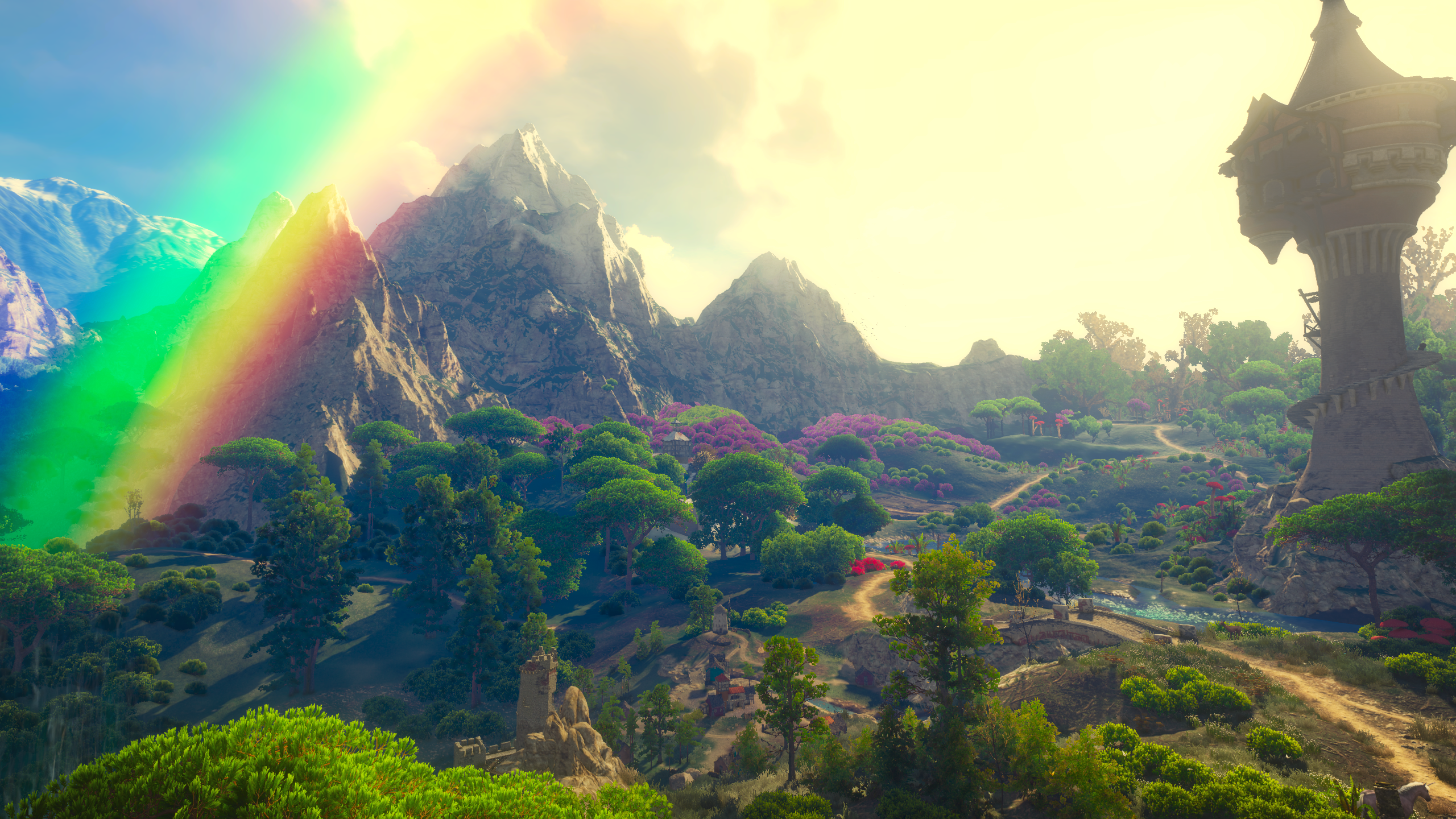 The Witcher 3: Wild Hunt screenshot with rainbow and tower HD Wallpaper