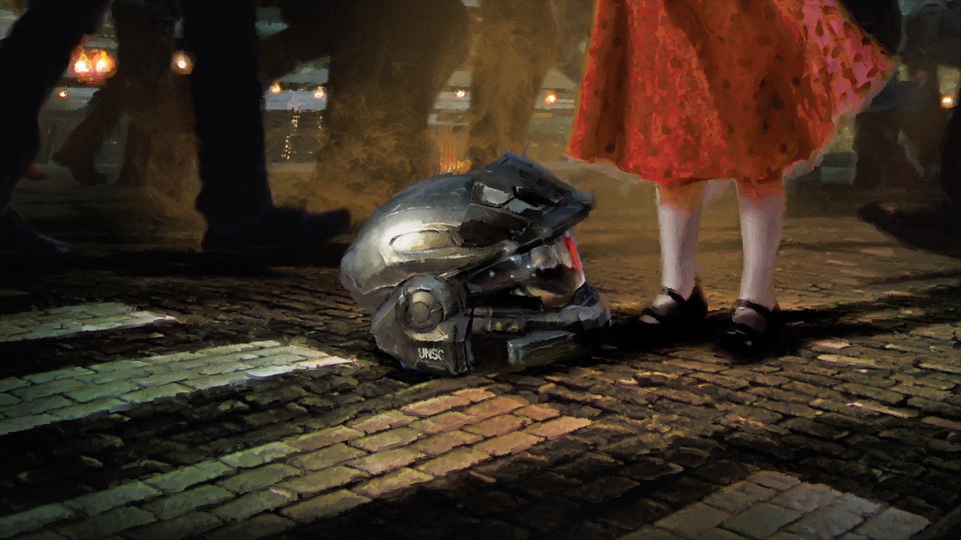 Halo UNSC helmet on a cobblestone street HD Wallpaper