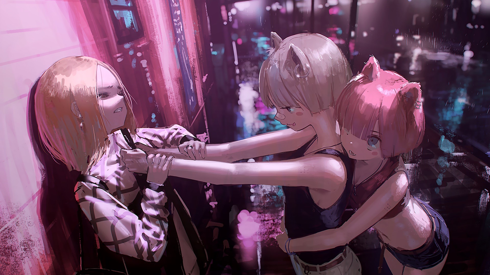 Anime girls with cat ears in a neon-lit alley HD Wallpaper
