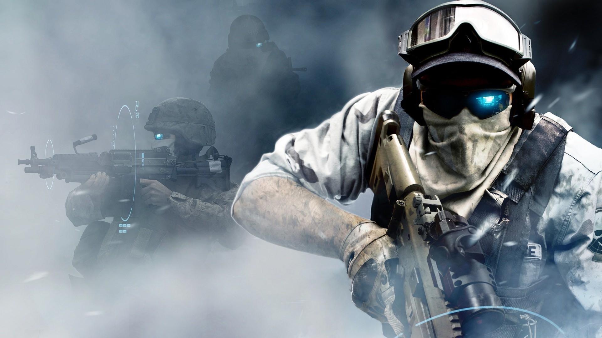 Soldiers with futuristic gear in a smoky battlefield HD Wallpaper