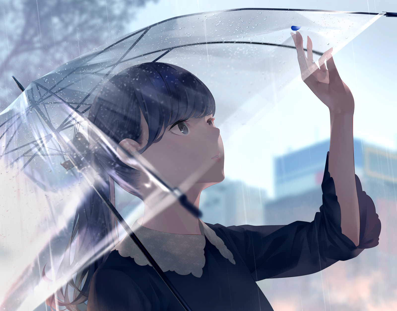 Anime girl with ponytail holding an umbrella in the rain HD Wallpaper