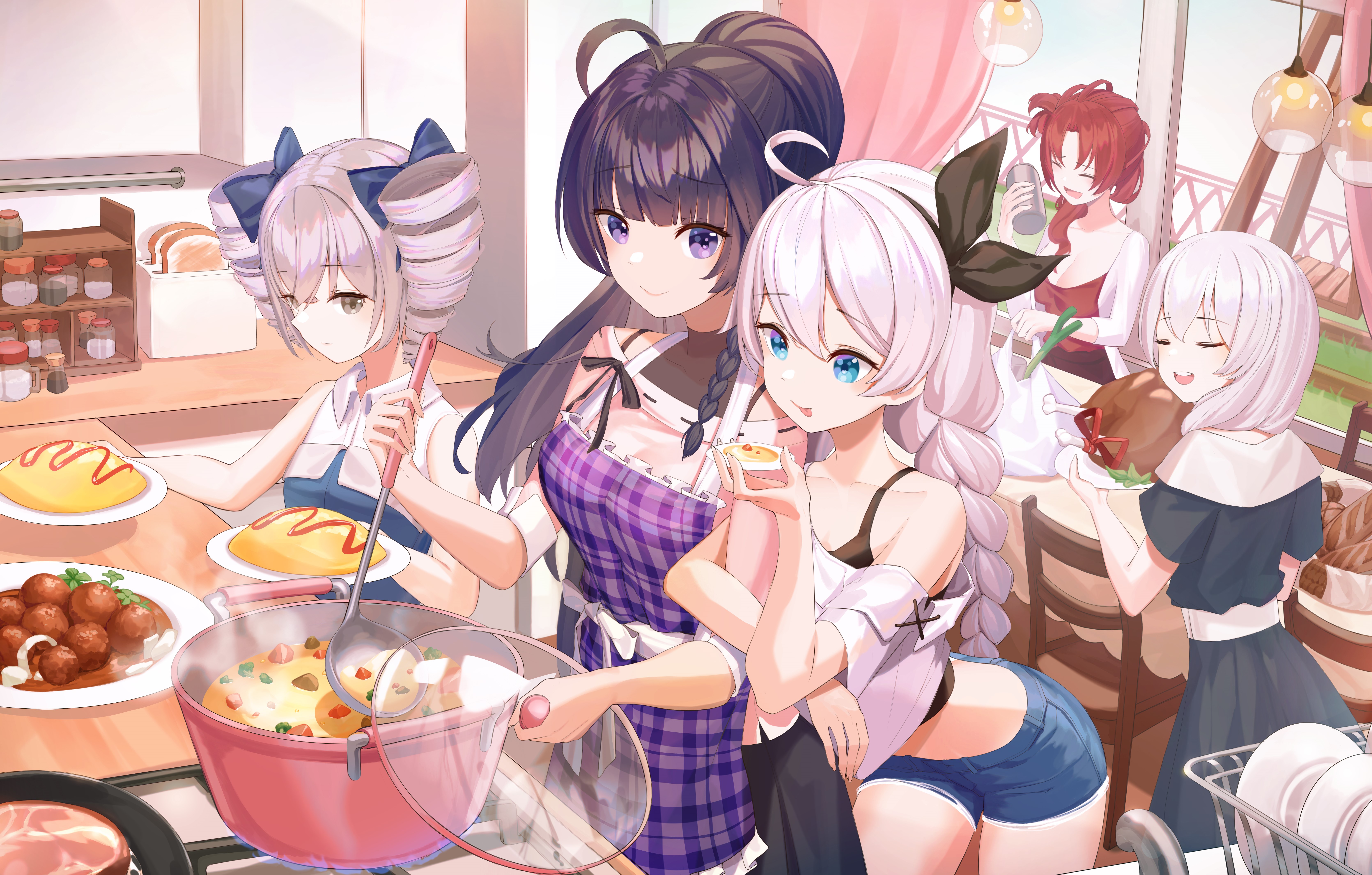 Anime girls cooking in a kitchen HD Wallpaper