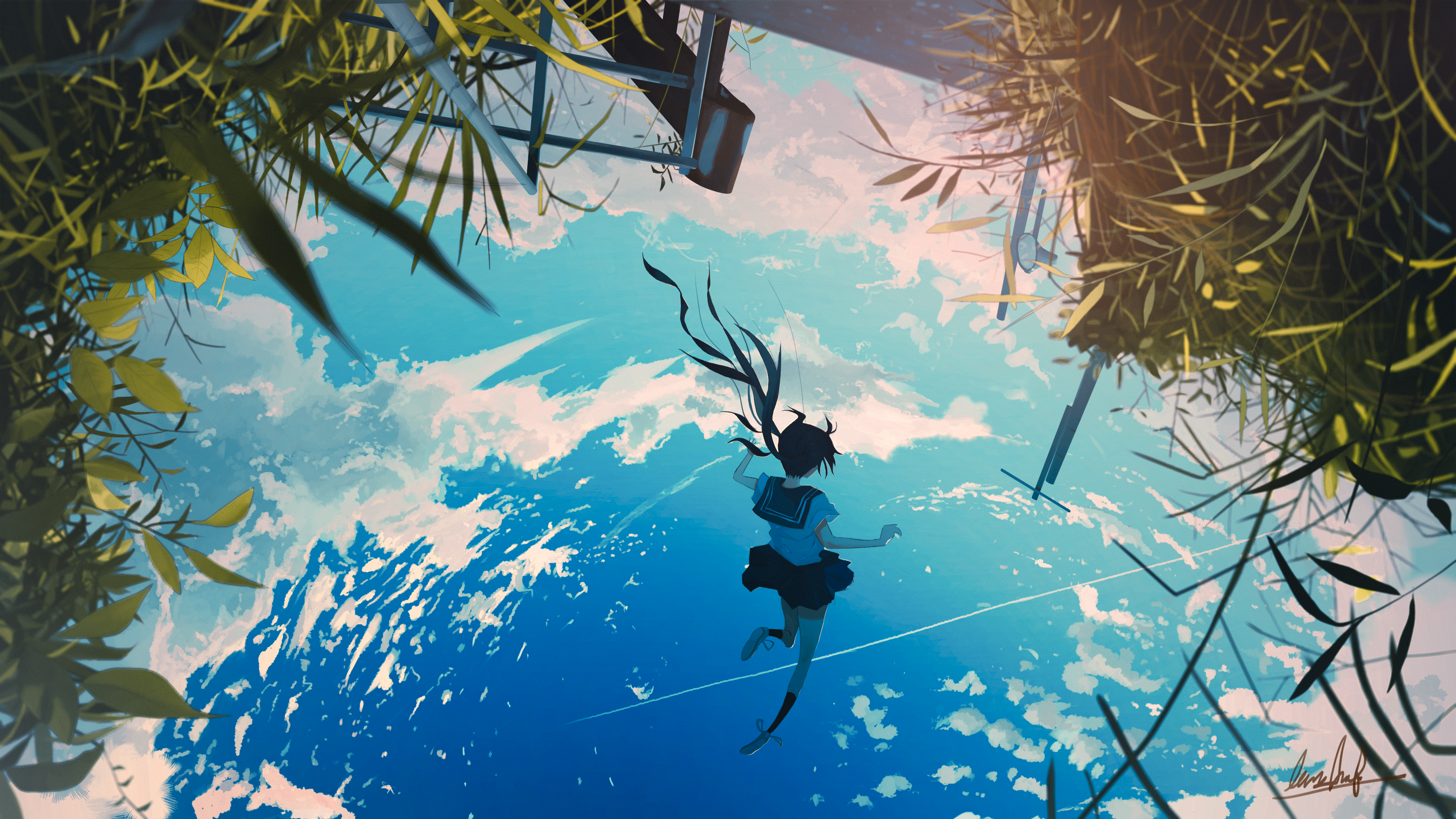 Anime girl in sailor uniform falling through the sky HD Wallpaper