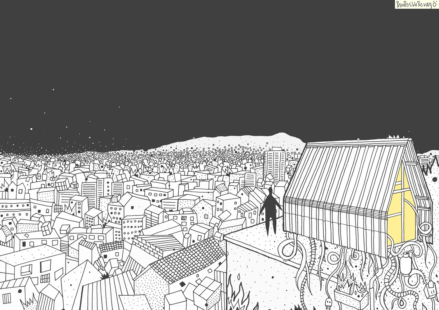 A surreal cityscape with a strange house and a lone figure HD Wallpaper