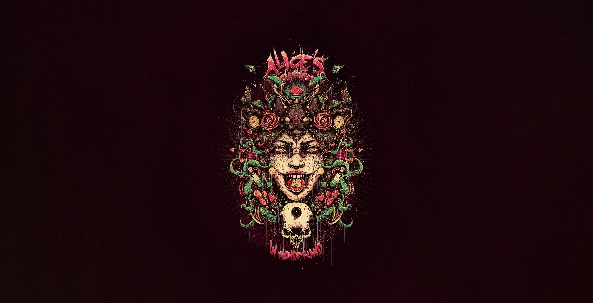 Alice in Wonderland artwork with skull and roses HD Wallpaper