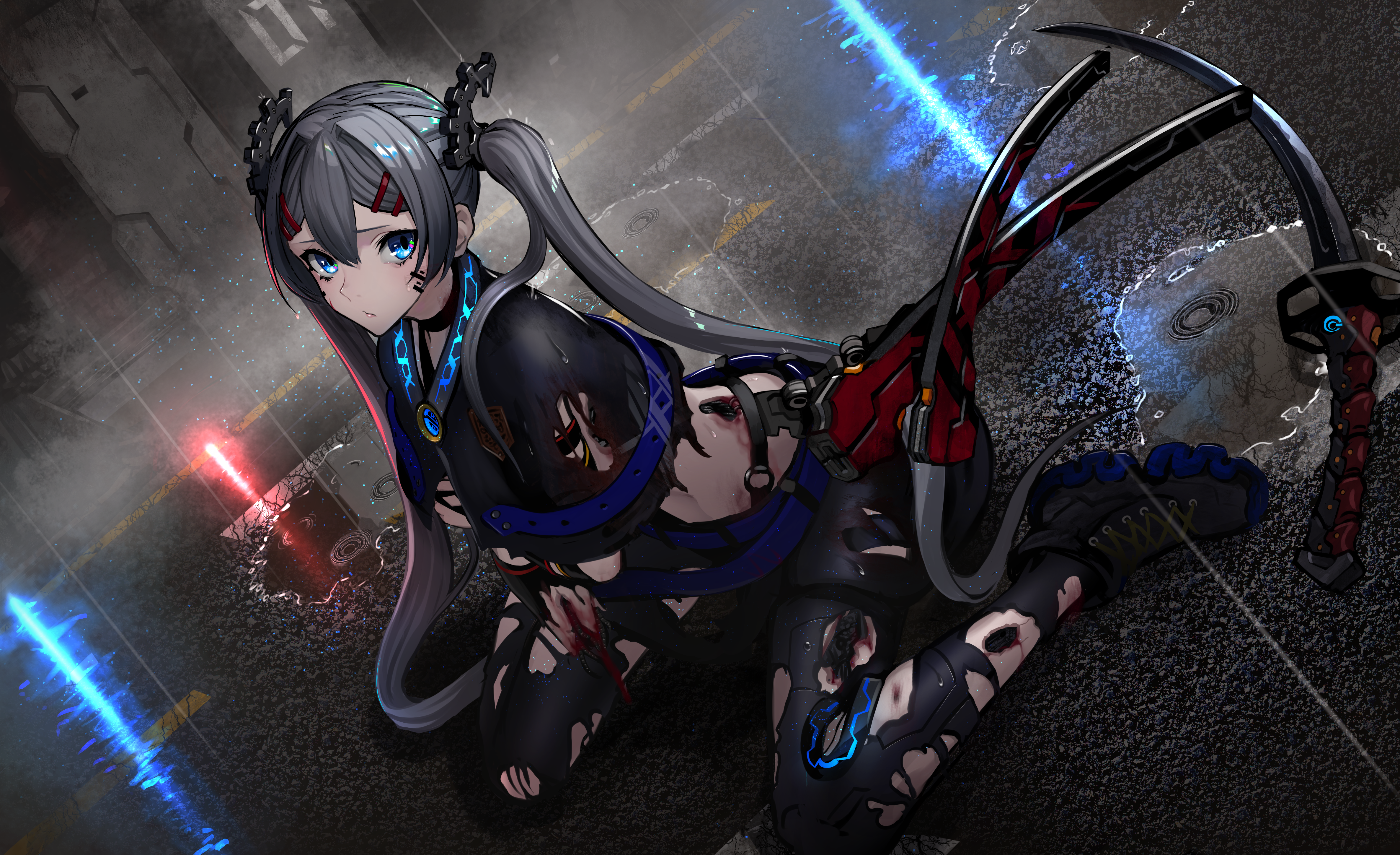 Anime girl with twintails and aqua eyes, torn clothes, katana HD Wallpaper