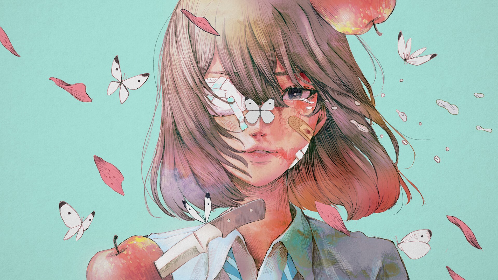 Anime girl with bandages, knife, apples, and butterflies HD Wallpaper
