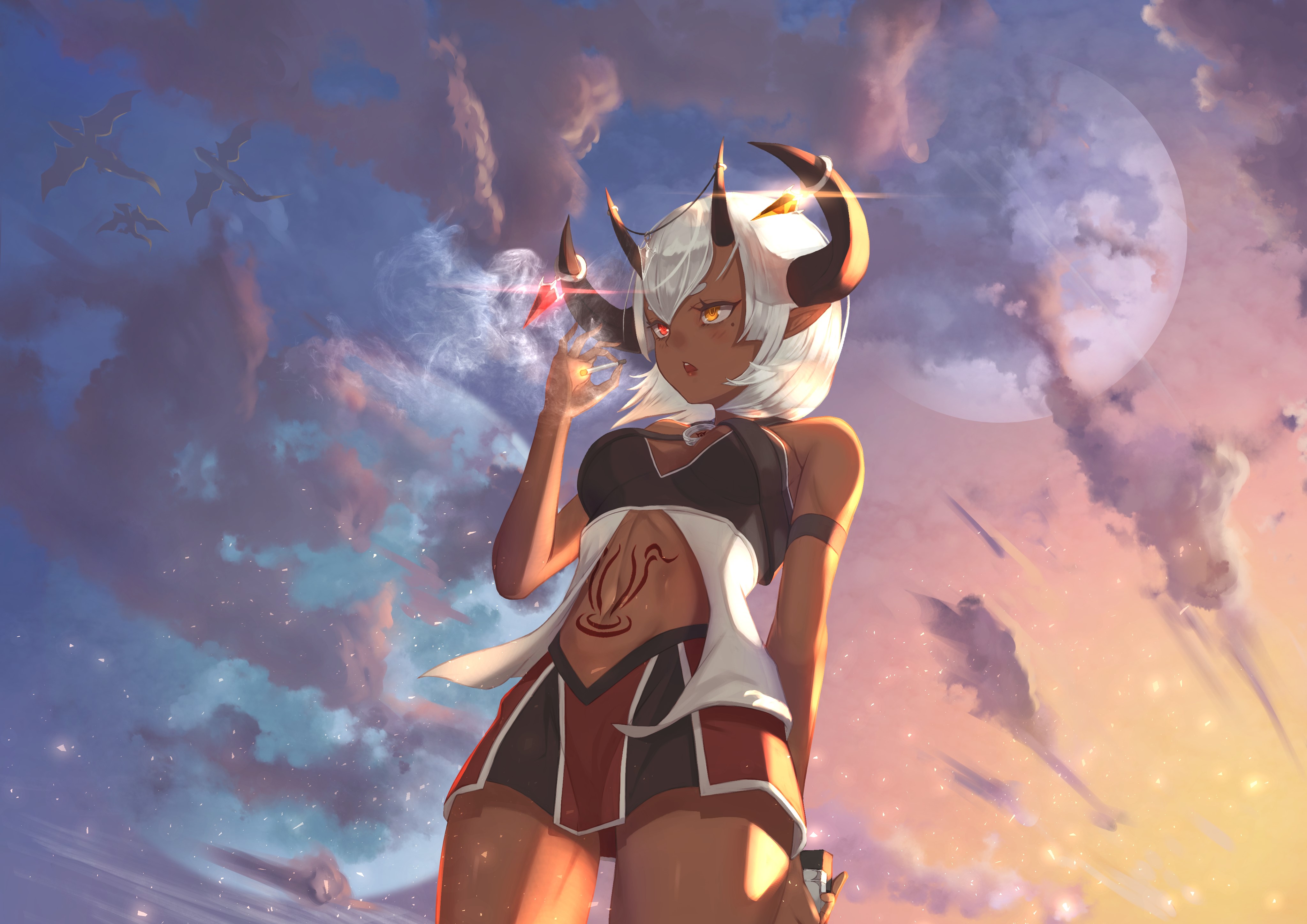 Anime girl with horns and magic HD Wallpaper