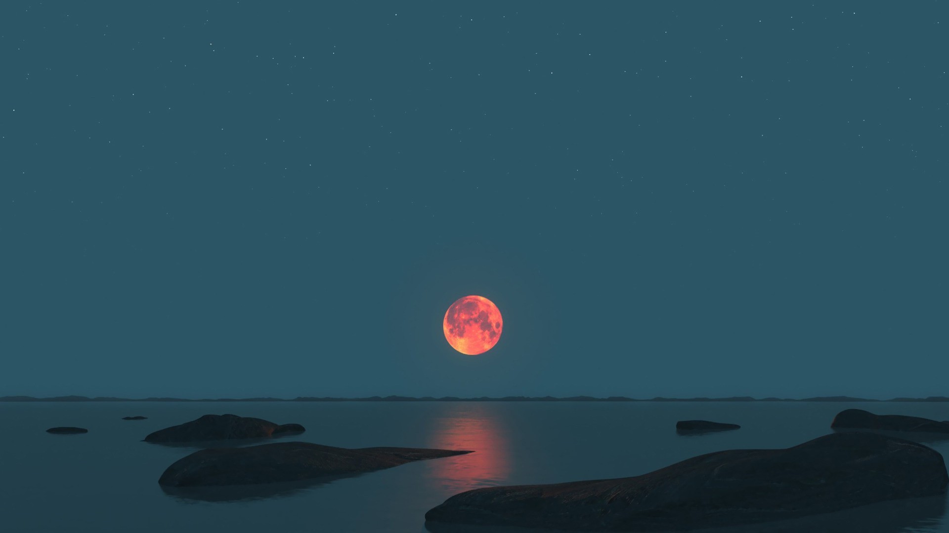 Red Moon over a calm sea with rocks HD Wallpaper