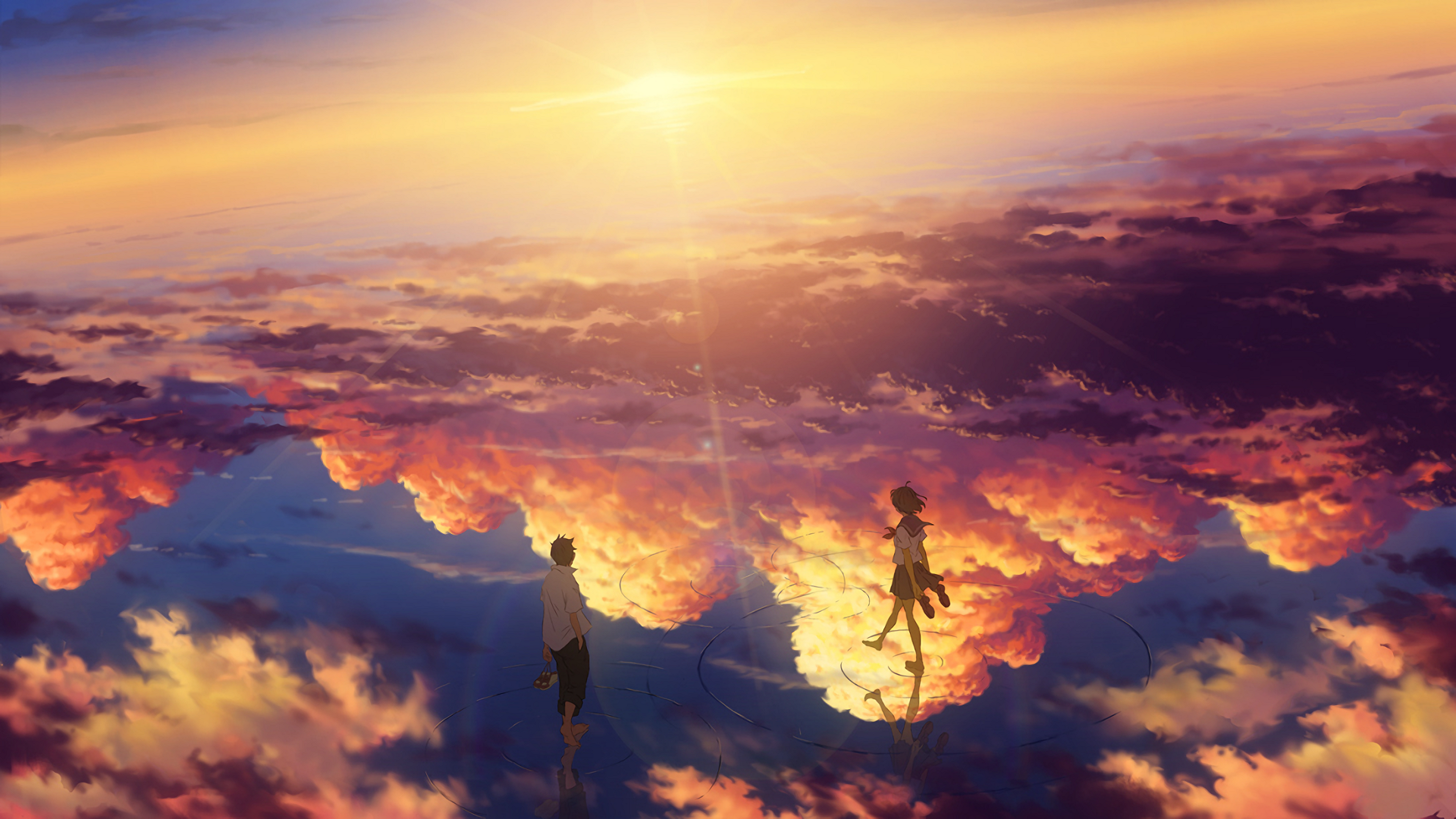Anime couple walking on water during sunset HD Wallpaper