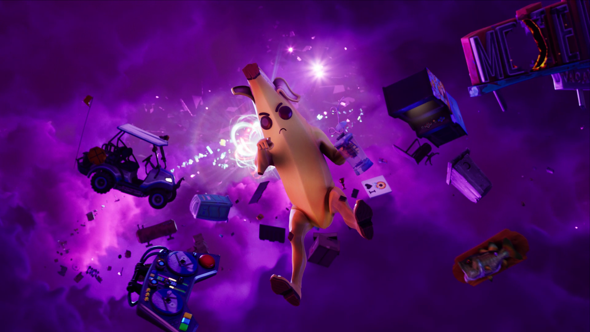 Peely from Fortnite in a cosmic void with floating objects HD Wallpaper