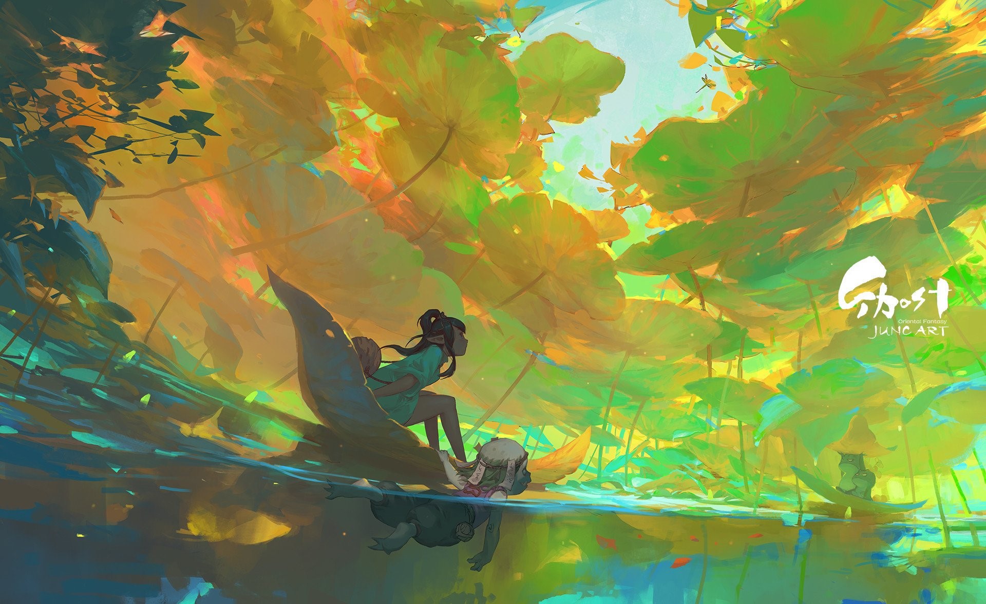 Girl and creature in a boat on a lotus pond HD Wallpaper