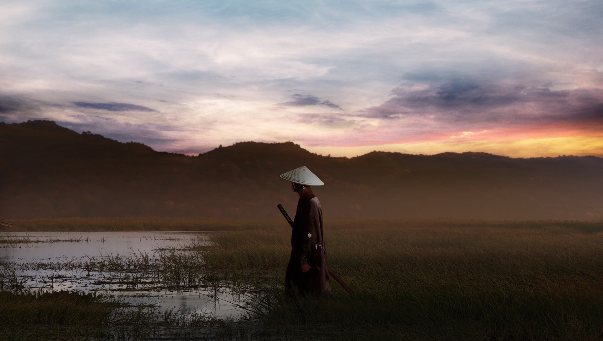 Samurai warrior with sword at sunset near mountains HD Wallpaper