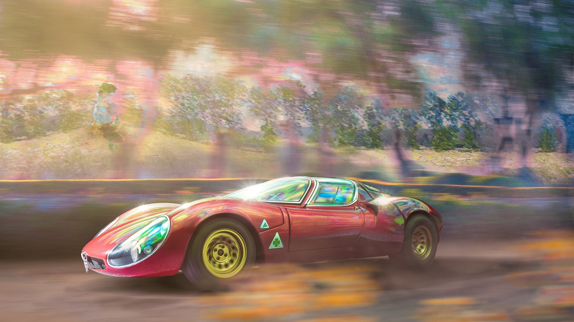 Red Alfa Romeo 33 Stradale driving on a dirt road HD Wallpaper