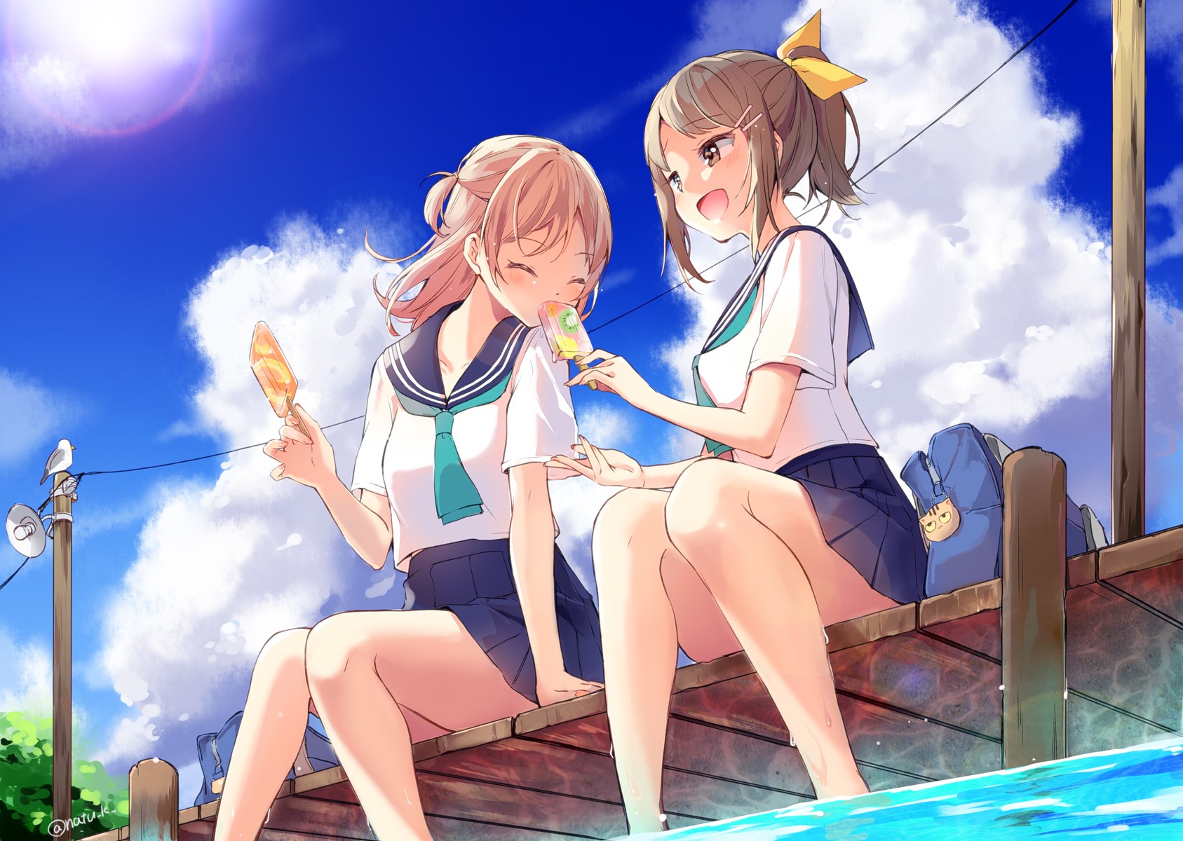 Anime girls in school uniforms eating ice cream HD Wallpaper