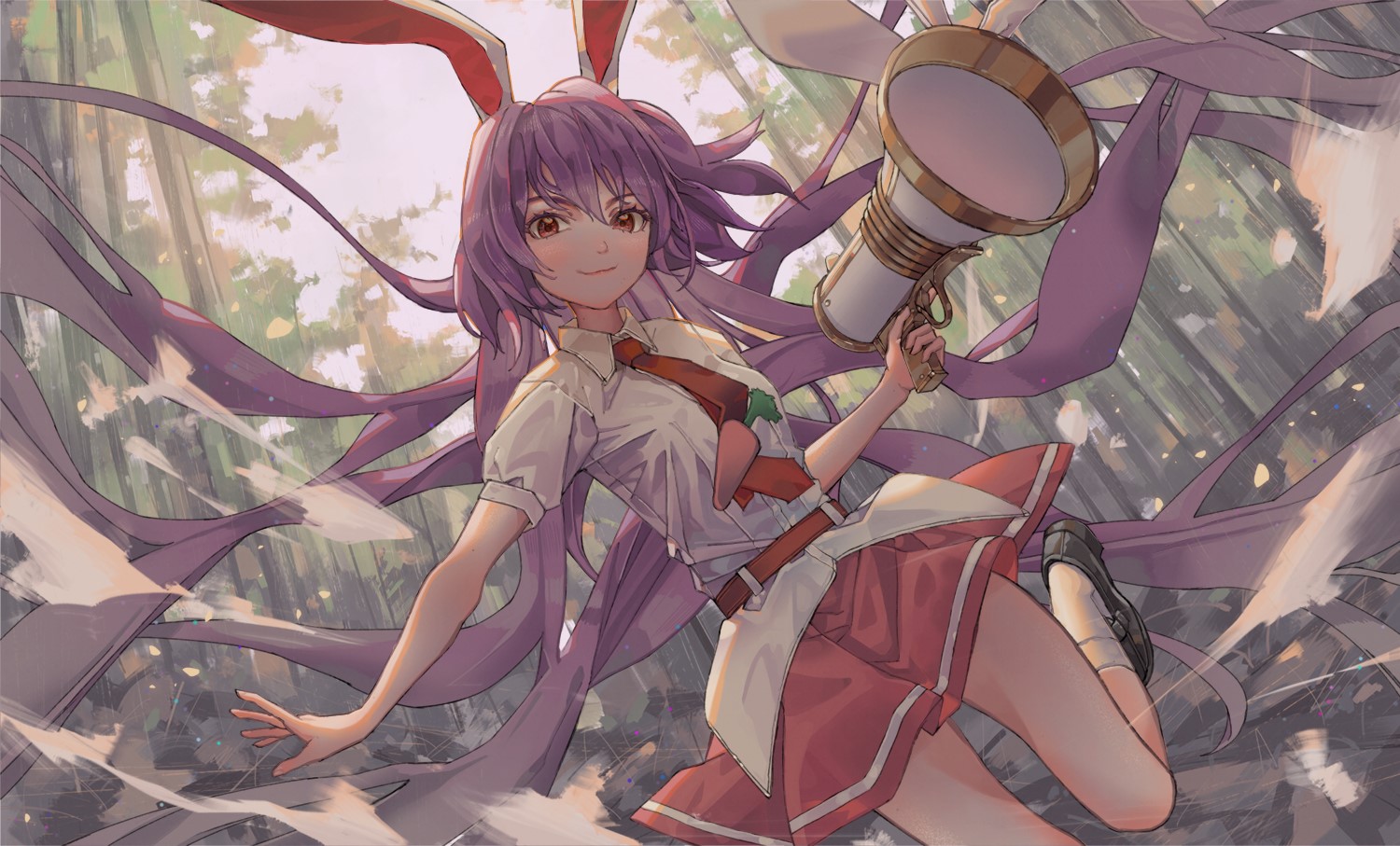 Anime girl with purple hair and bunny ears holding a megaphone HD Wallpaper