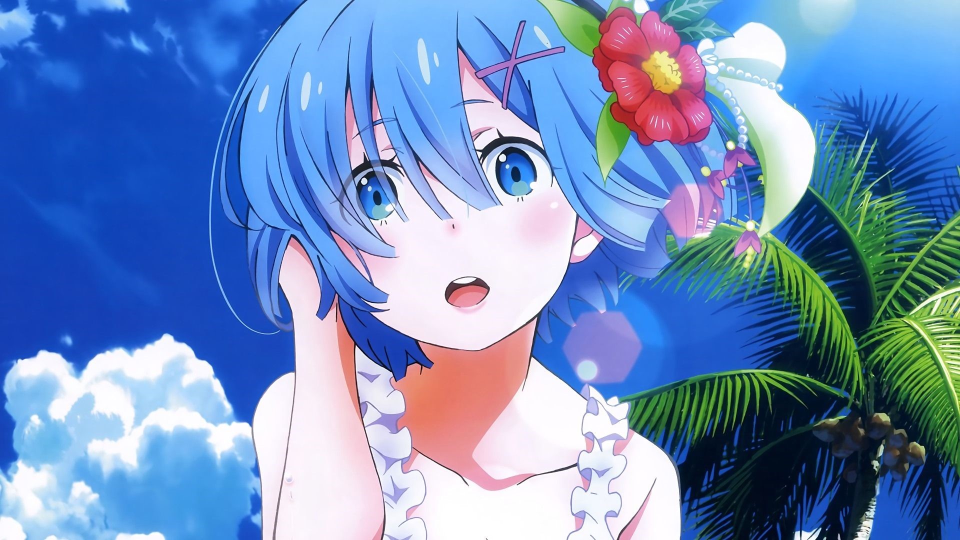 Rem from Re:Zero in a swimsuit with a flower HD Wallpaper