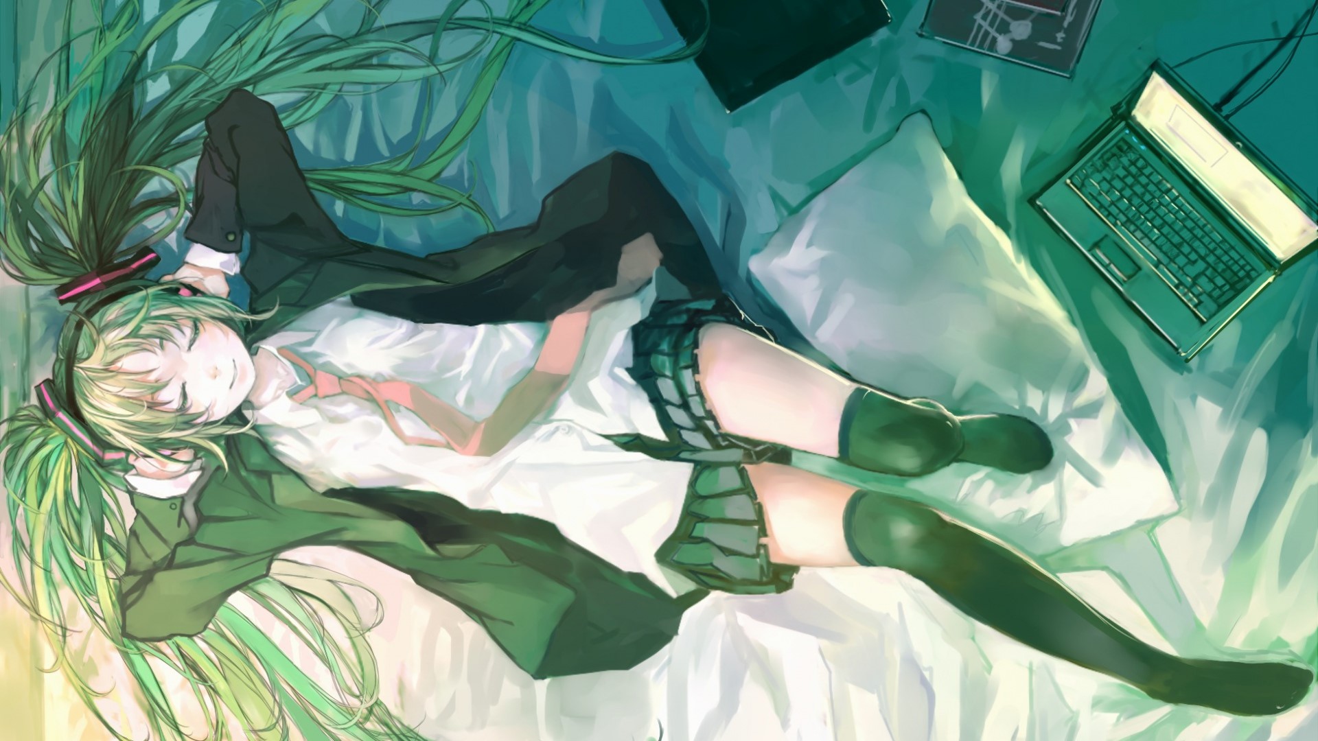 Anime girl with green hair lying on bed with laptop HD Wallpaper