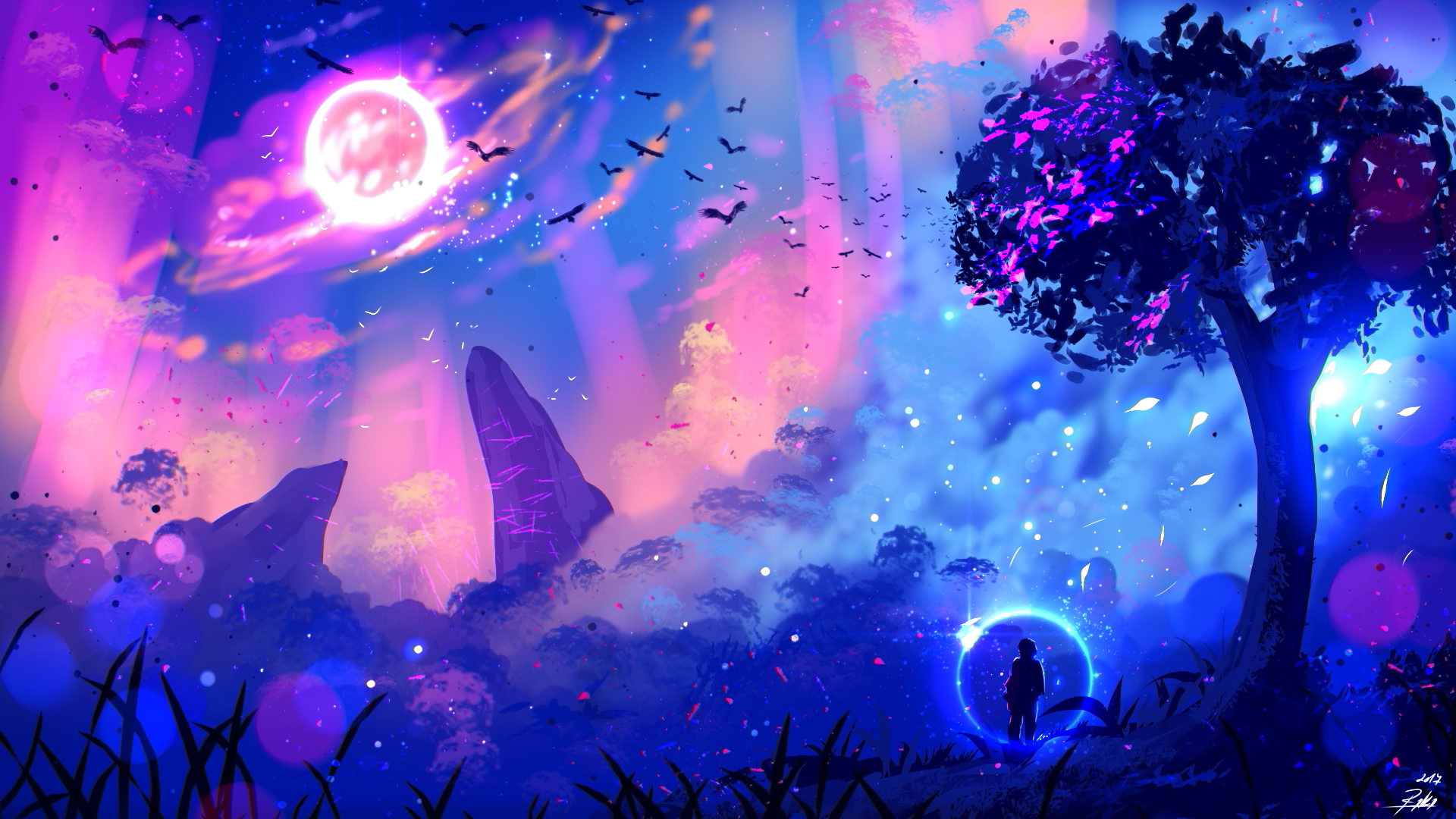 Fantasy landscape with a person and a glowing portal HD Wallpaper