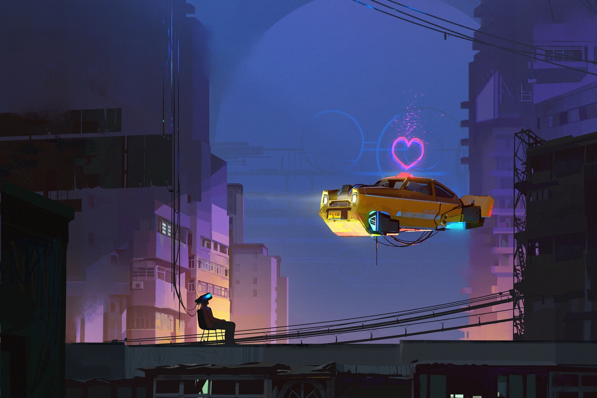 Futuristic city with flying car and person in VR HD Wallpaper