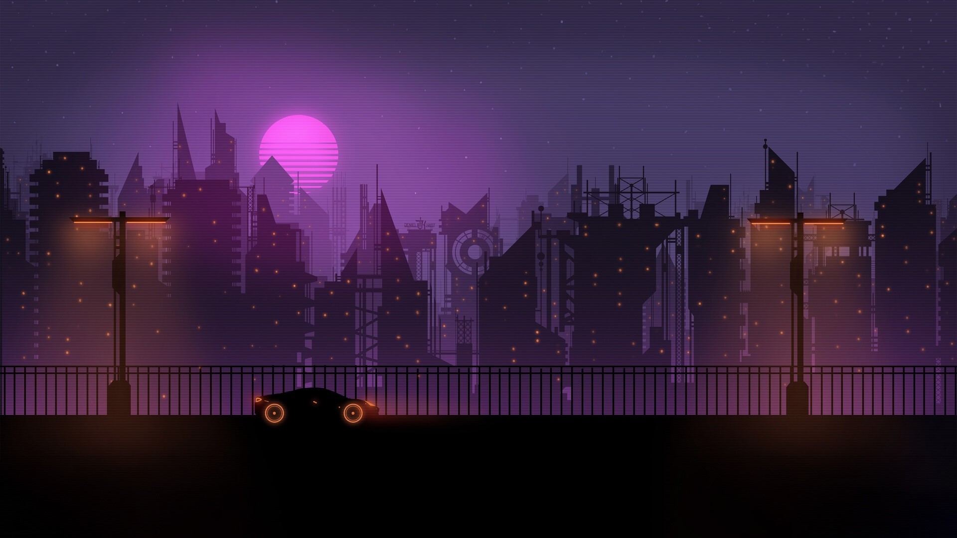 Vaporwave cityscape with a futuristic car at night HD Wallpaper