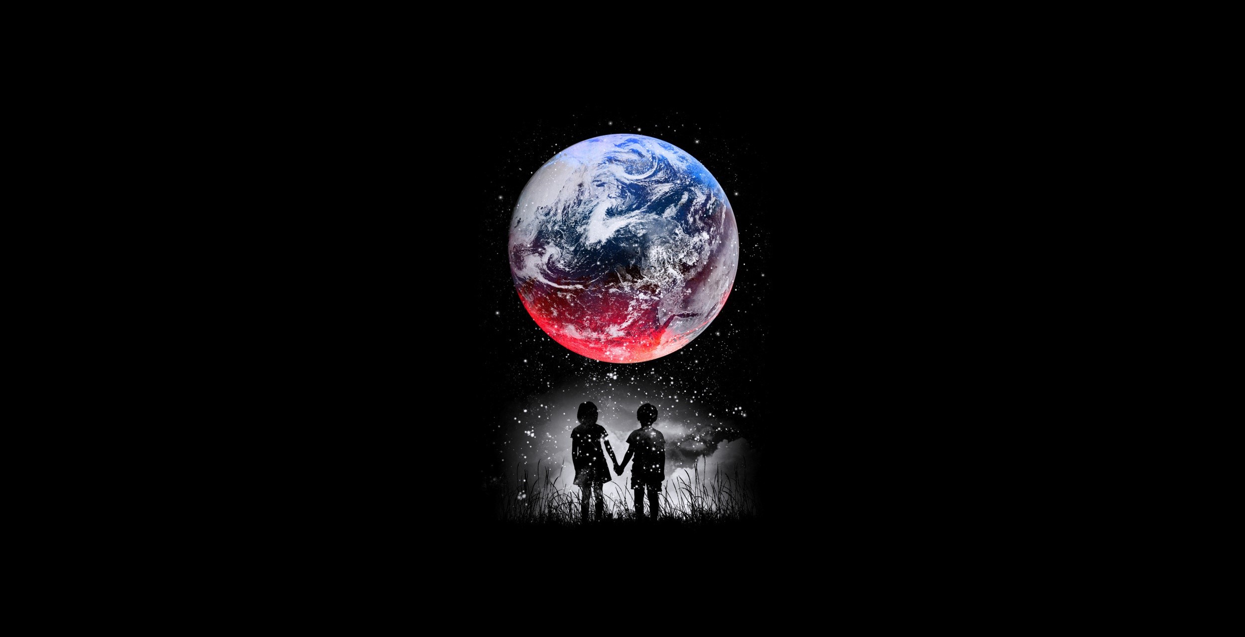 Children holding hands looking at Earth in space HD Wallpaper
