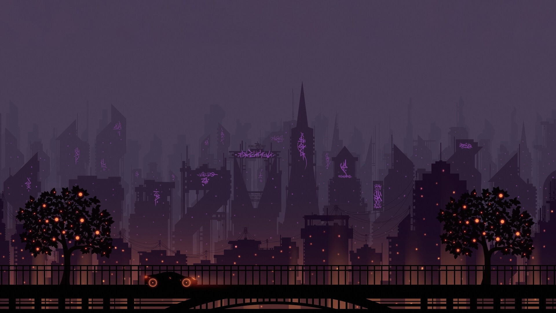 Pixel art cityscape at night with a car on a bridge HD Wallpaper