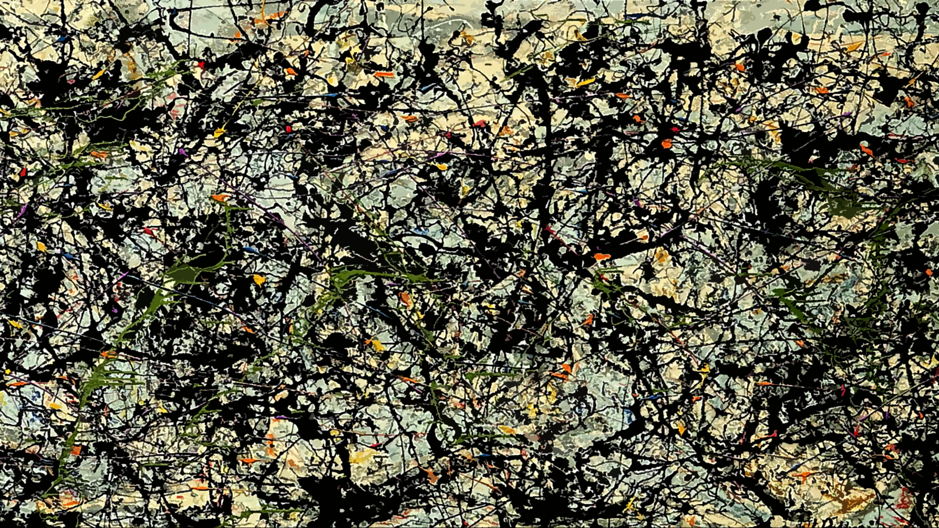 Abstract painting with black, white, and colorful paint splatters HD Wallpaper