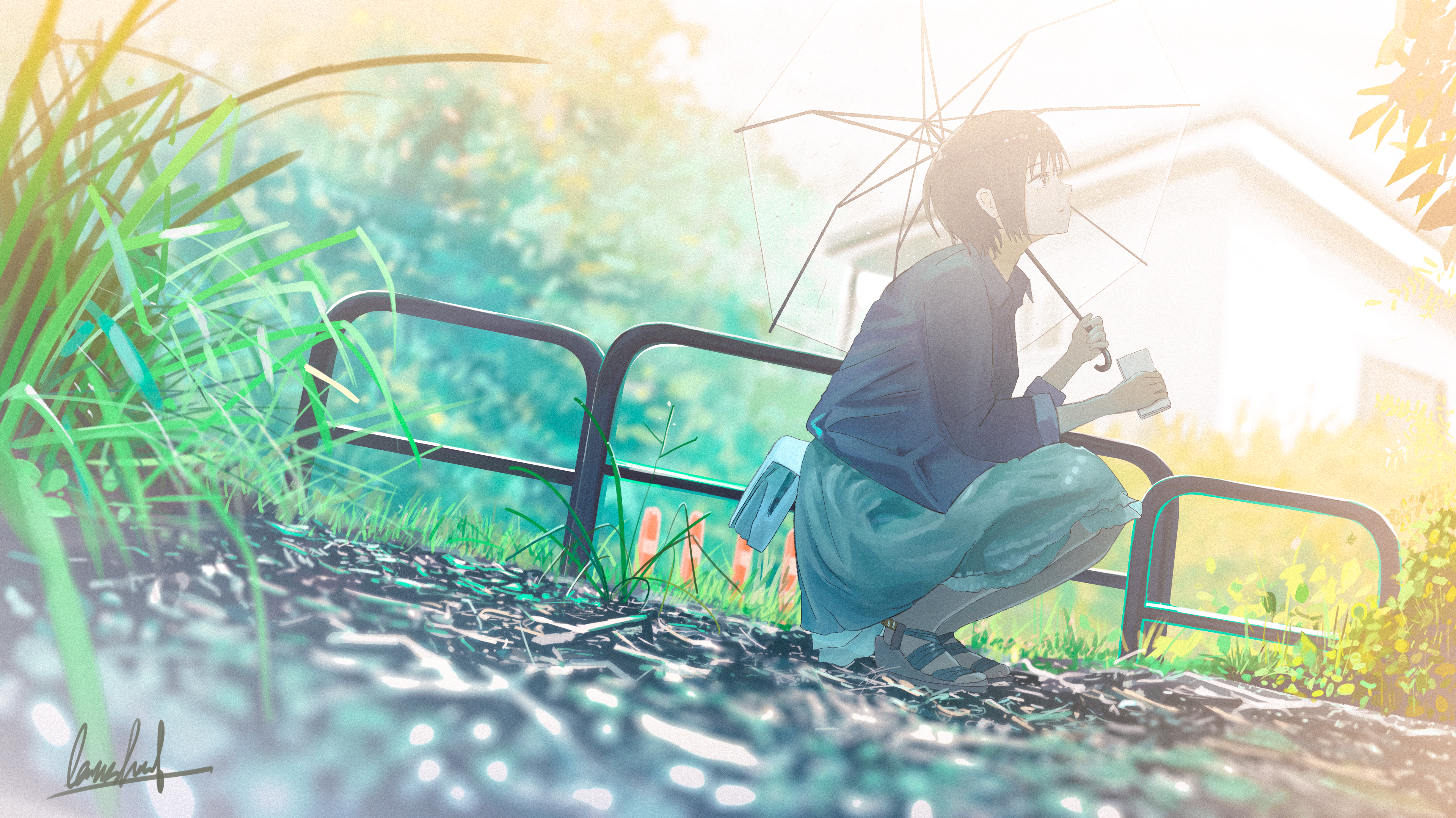 Anime girl with umbrella in the rain HD Wallpaper