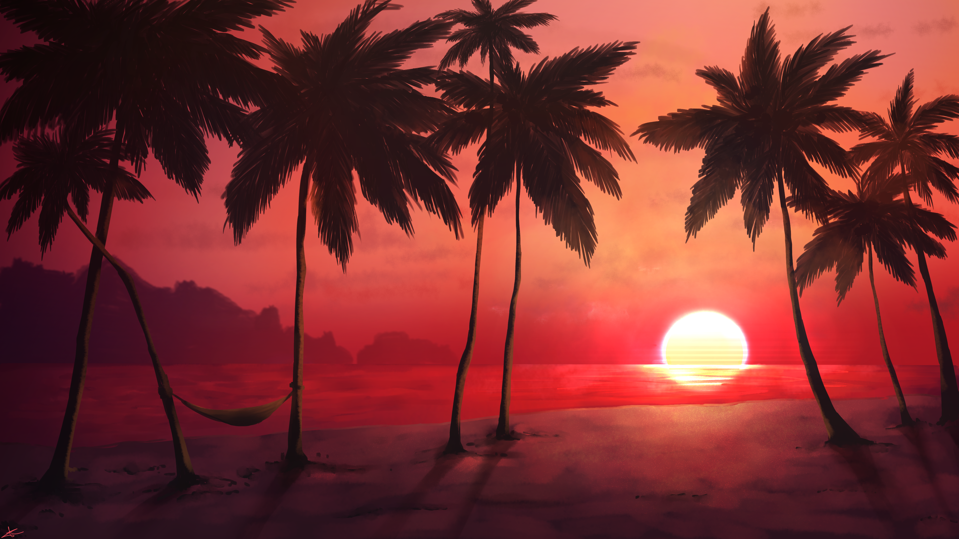 Sunset over a tropical beach with palm trees HD Wallpaper