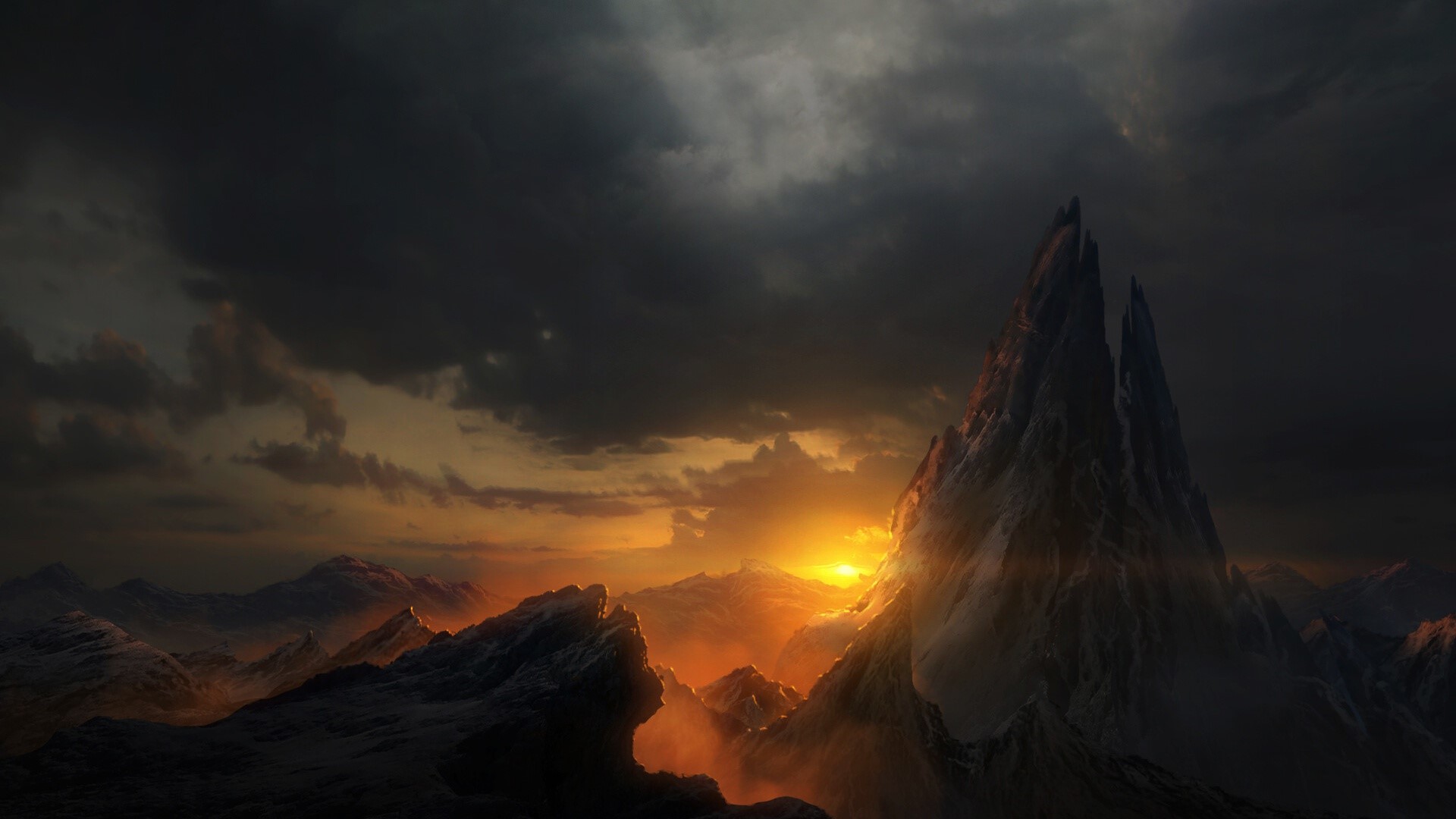 Digital art of dark mountains at sunset HD Wallpaper