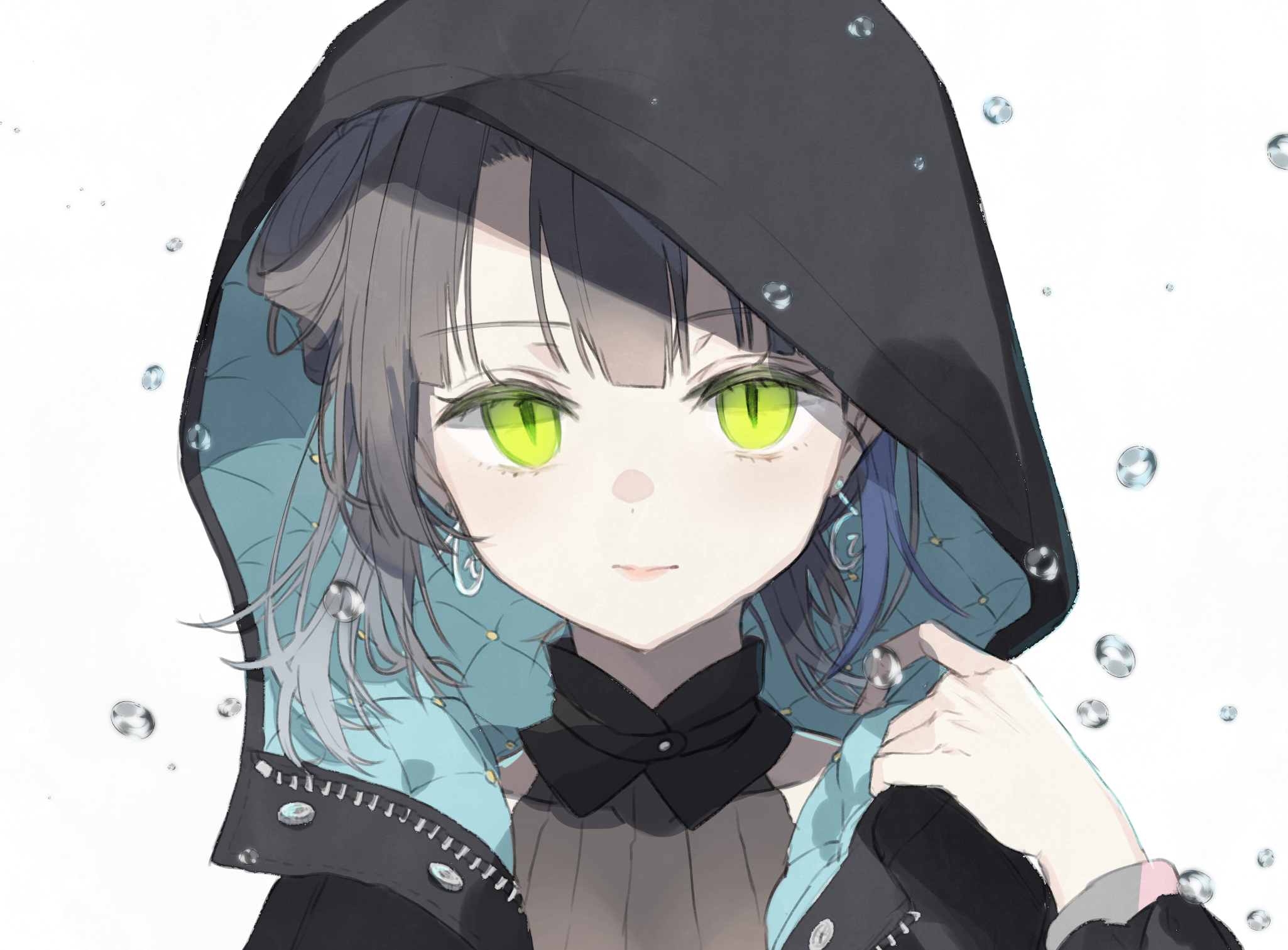 Anime girl with green eyes wearing a black hoodie HD Wallpaper