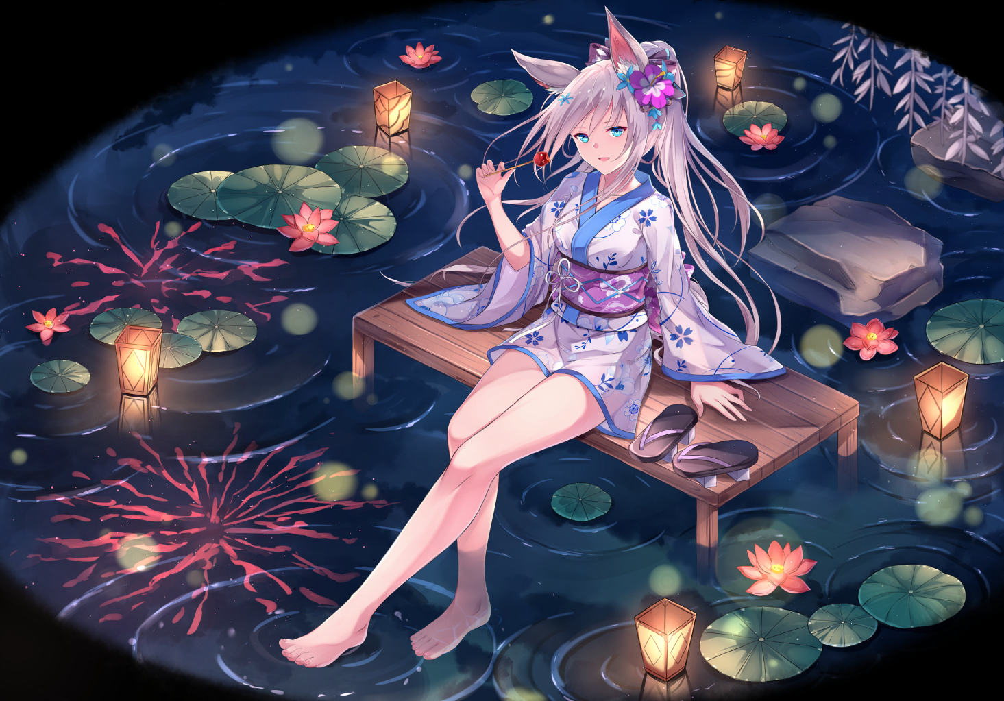 Anime girl in yukata by a pond with lanterns HD Wallpaper