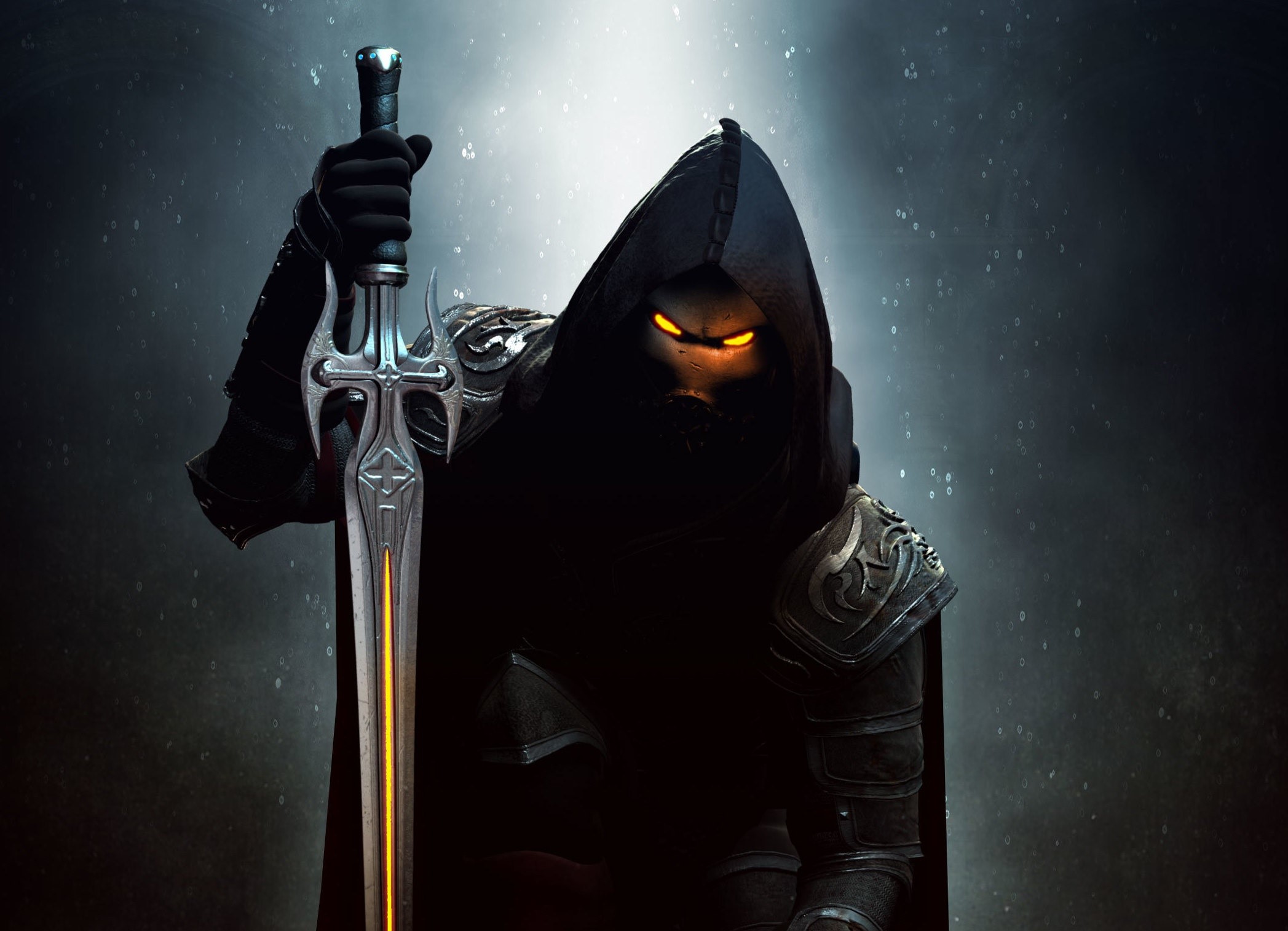 Fantasy warrior with glowing eyes holding a sword HD Wallpaper