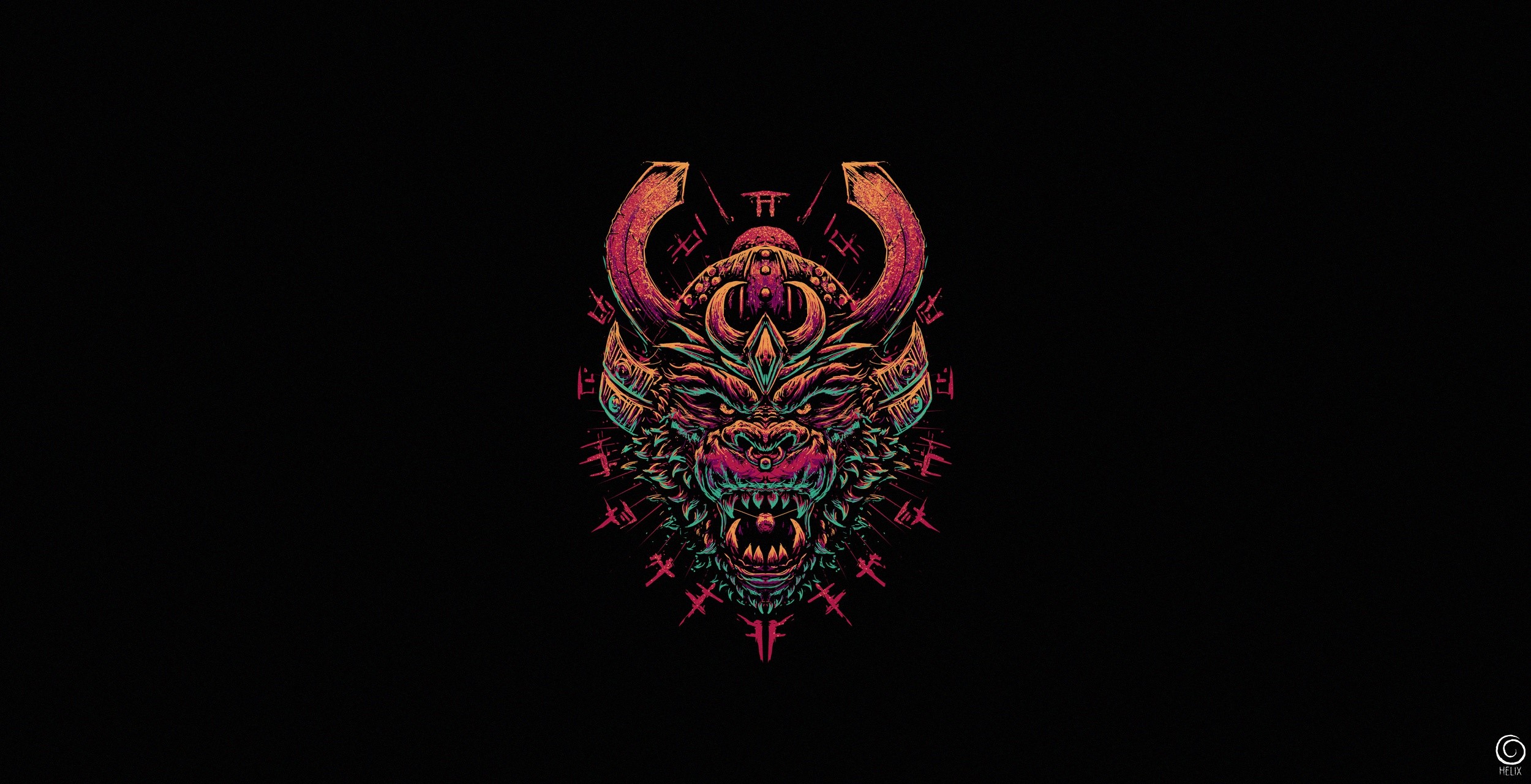 Artwork of a demon-like ape head with horns HD Wallpaper
