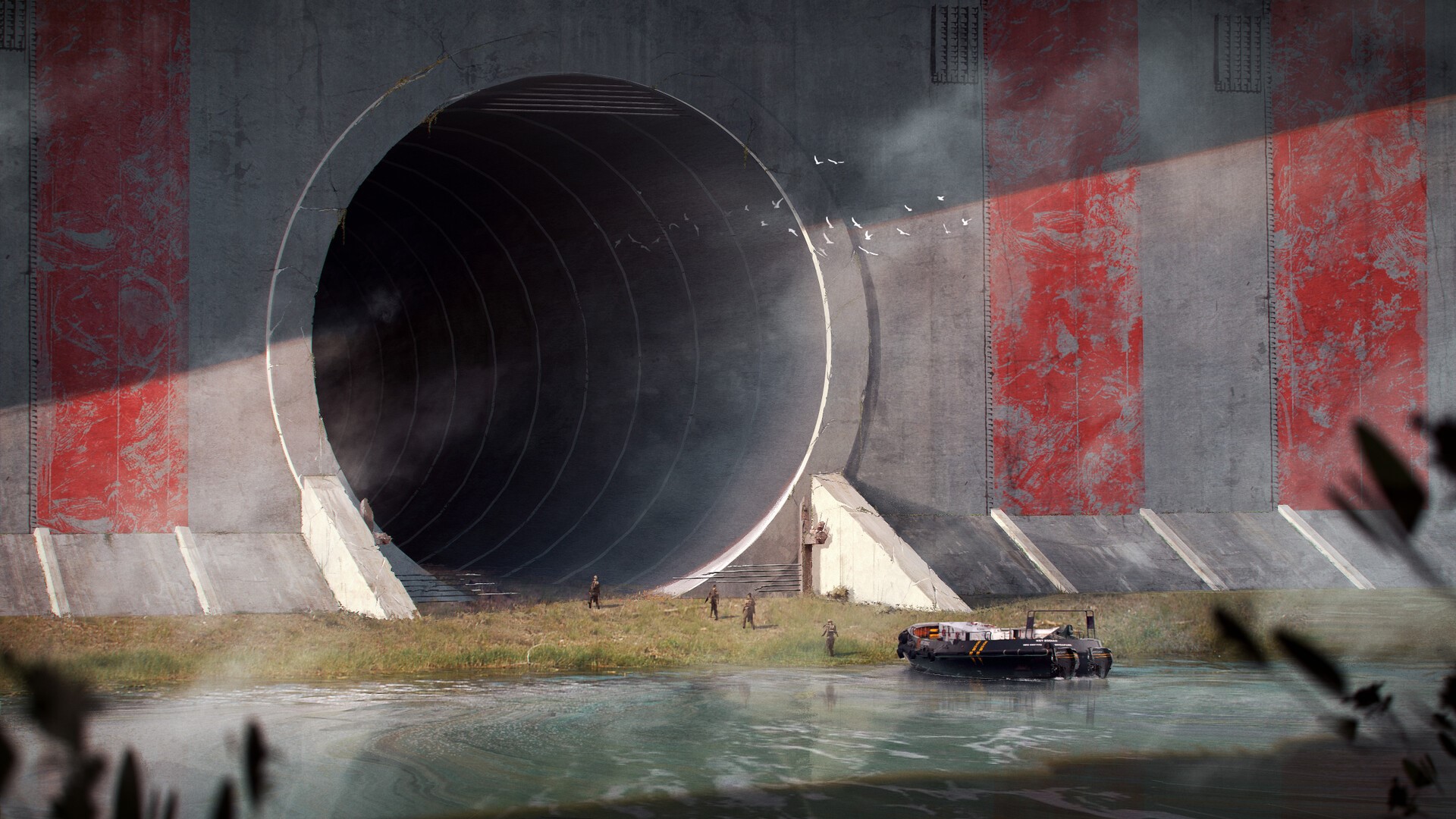 Large concrete tunnel entrance with red stripes and a boat HD Wallpaper