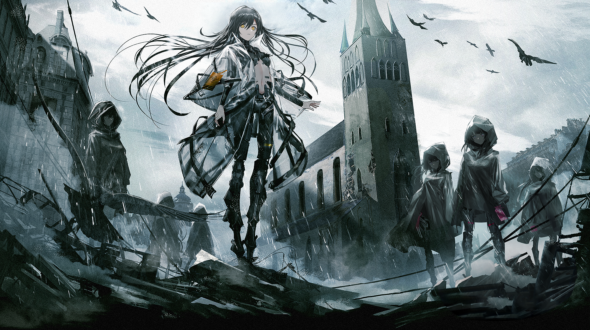 Anime girls in a ruined city with a church HD Wallpaper