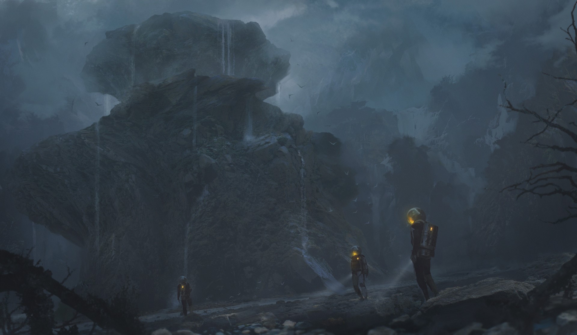 Astronauts exploring a rocky, misty landscape with waterfalls HD Wallpaper