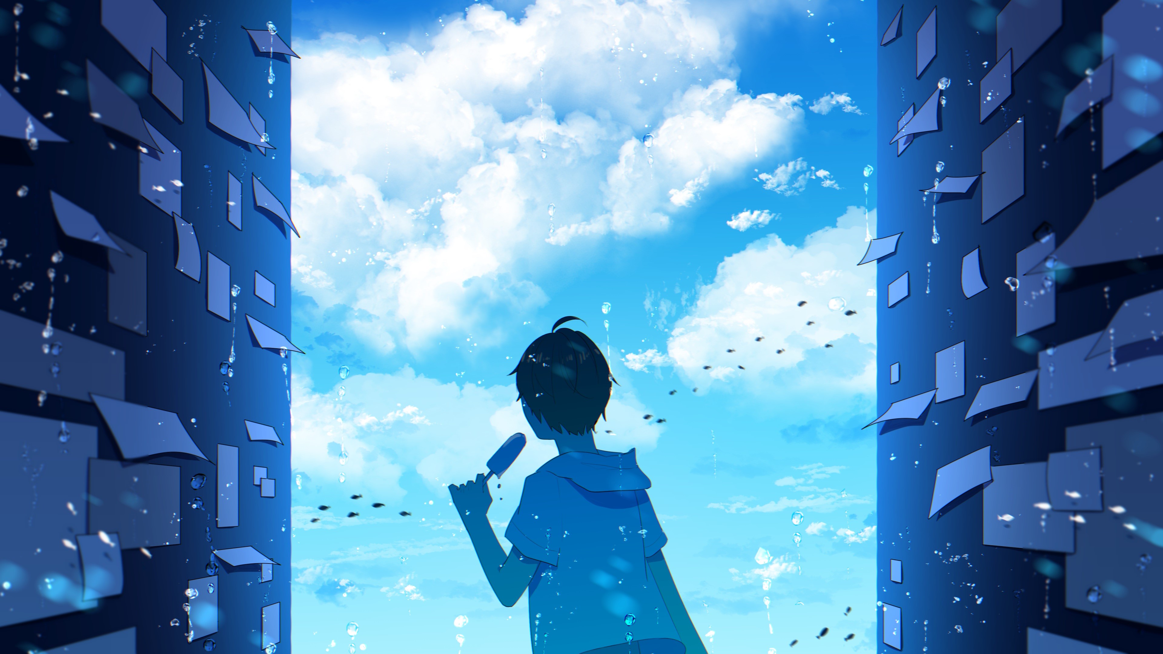 Anime boy eating popsicle under blue sky with clouds HD Wallpaper