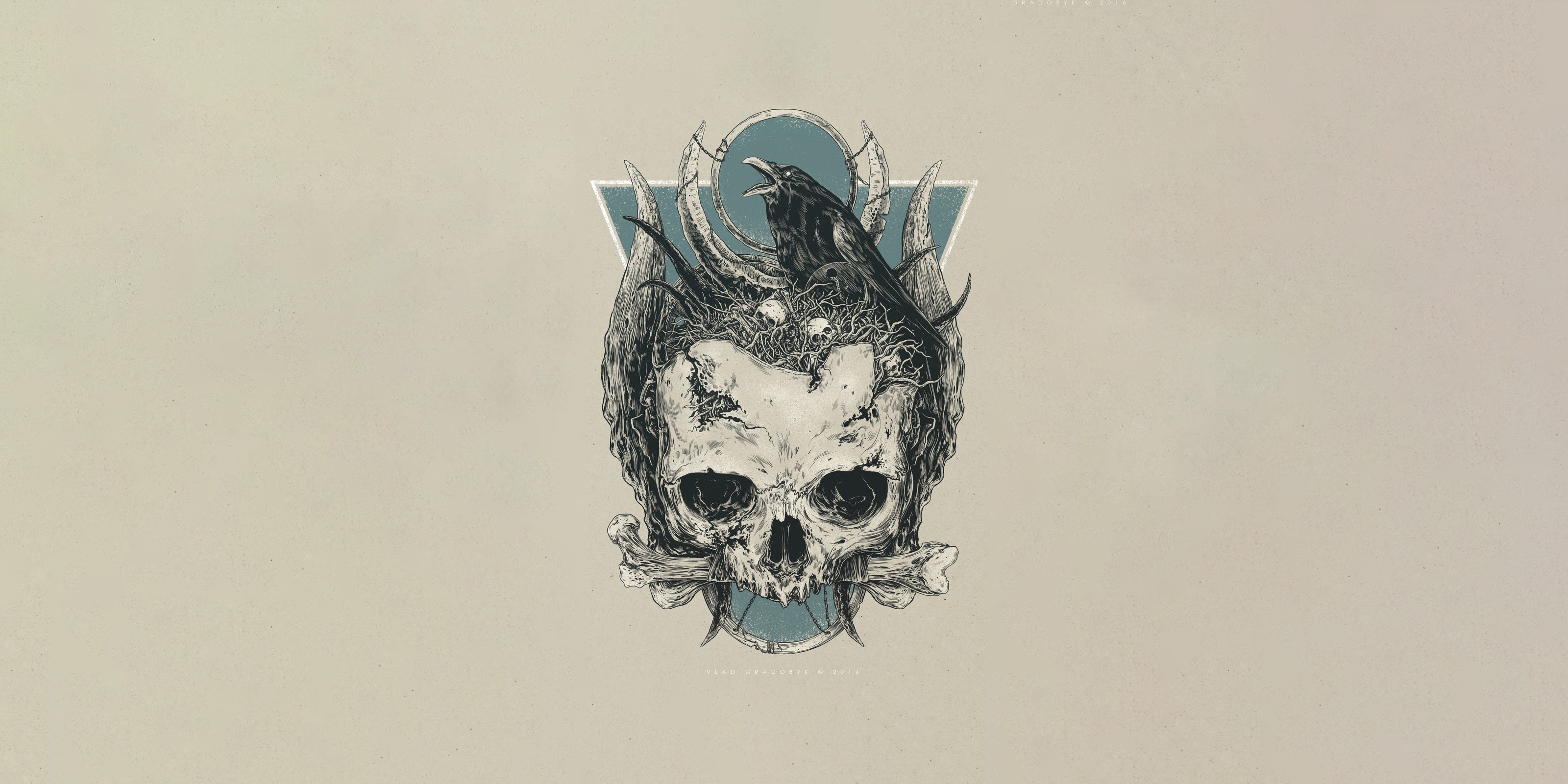 Skull with a crow and bone by Vlad Gradobyk HD Wallpaper