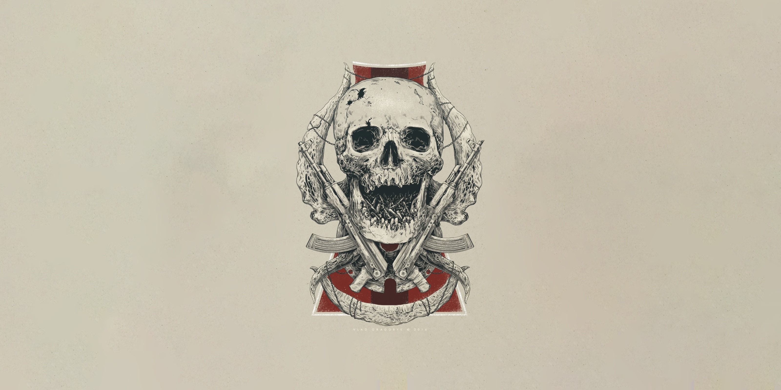 Artwork of a skull with weapons by Vlad Gradobyk HD Wallpaper