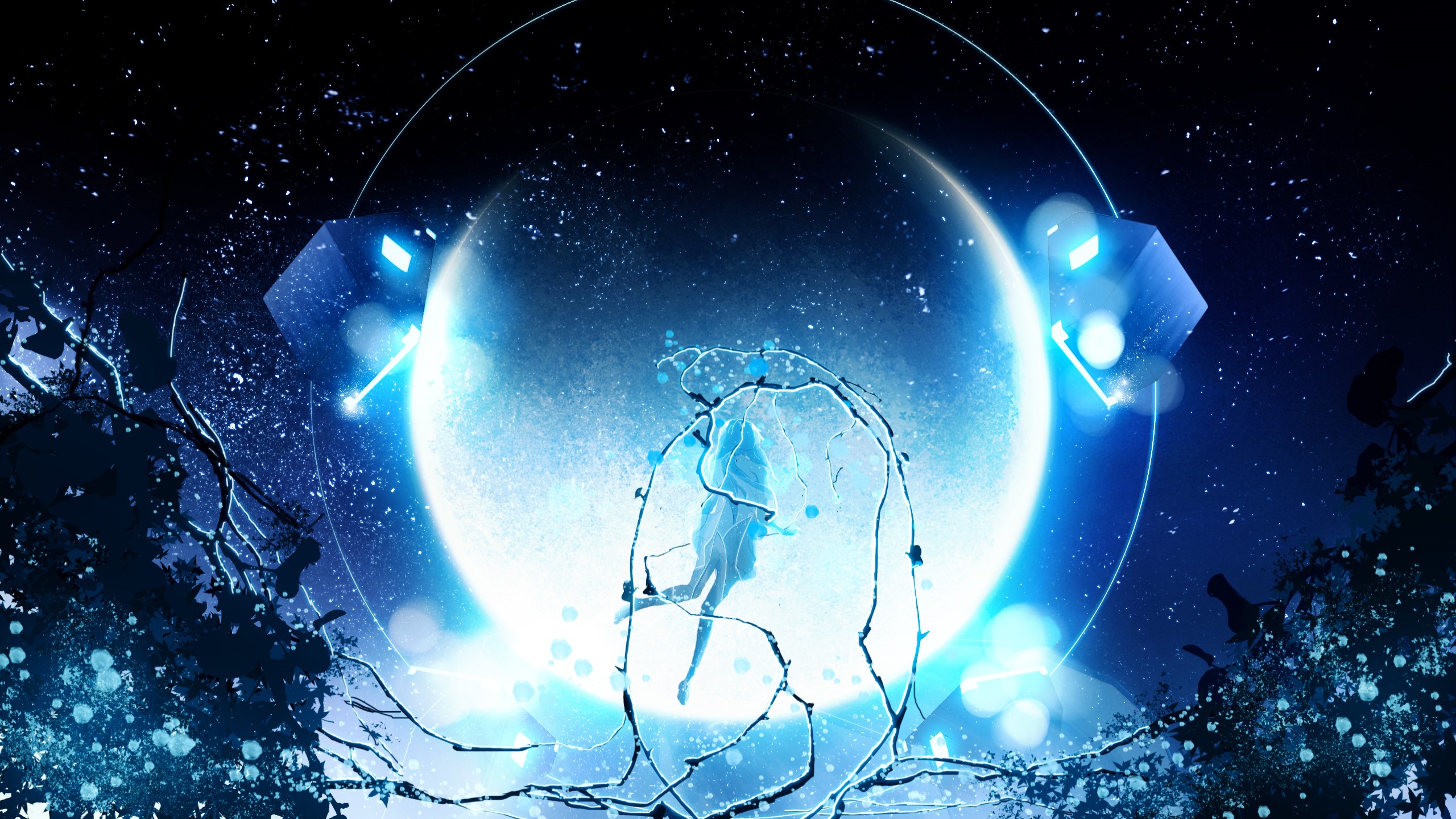 Anime girl in a glowing sphere under a large moon HD Wallpaper