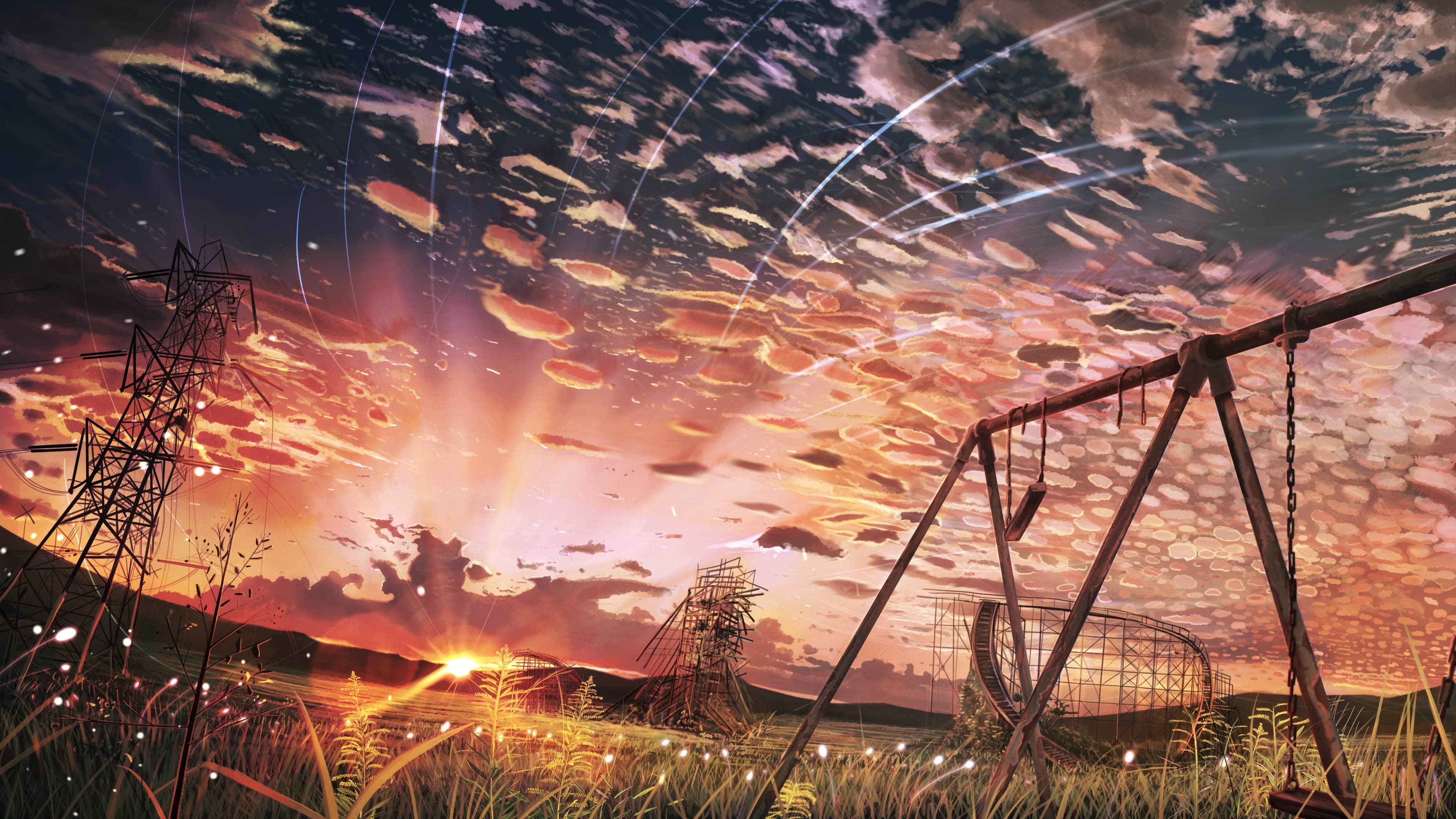 Anime landscape with clouds and amusement park HD Wallpaper