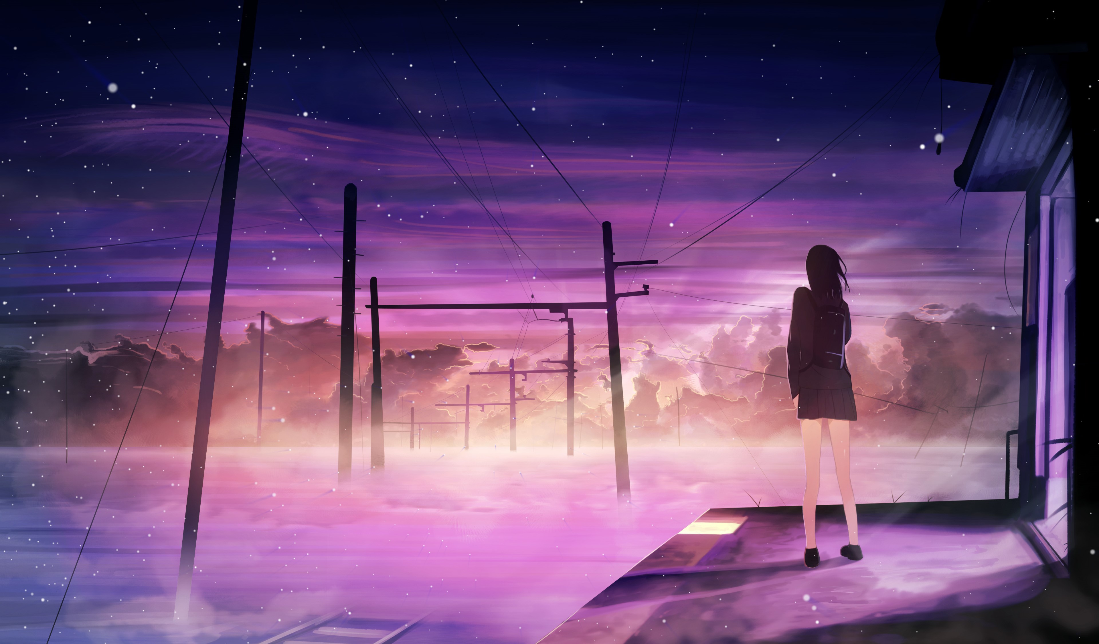 Anime girl standing outdoors with power lines and colorful sky HD Wallpaper