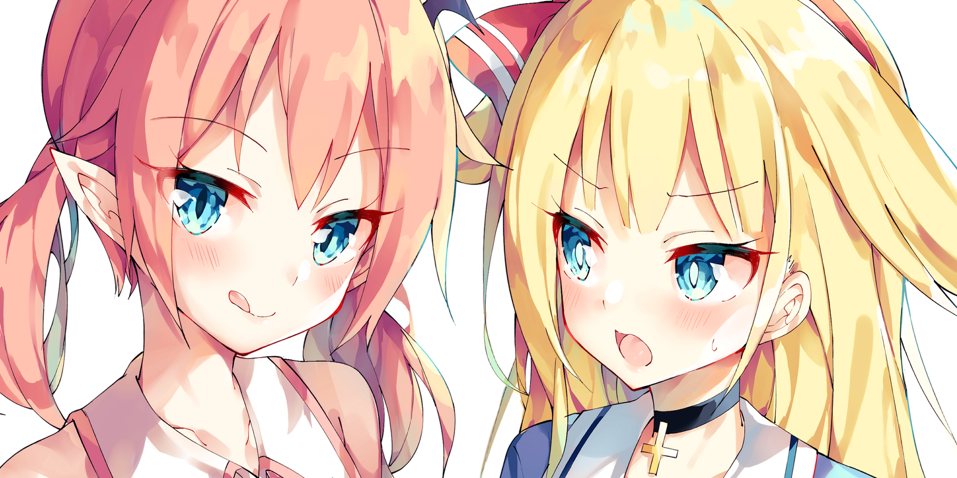 Two anime girls, one with pink hair and elf ears, the other with blonde hair HD Wallpaper