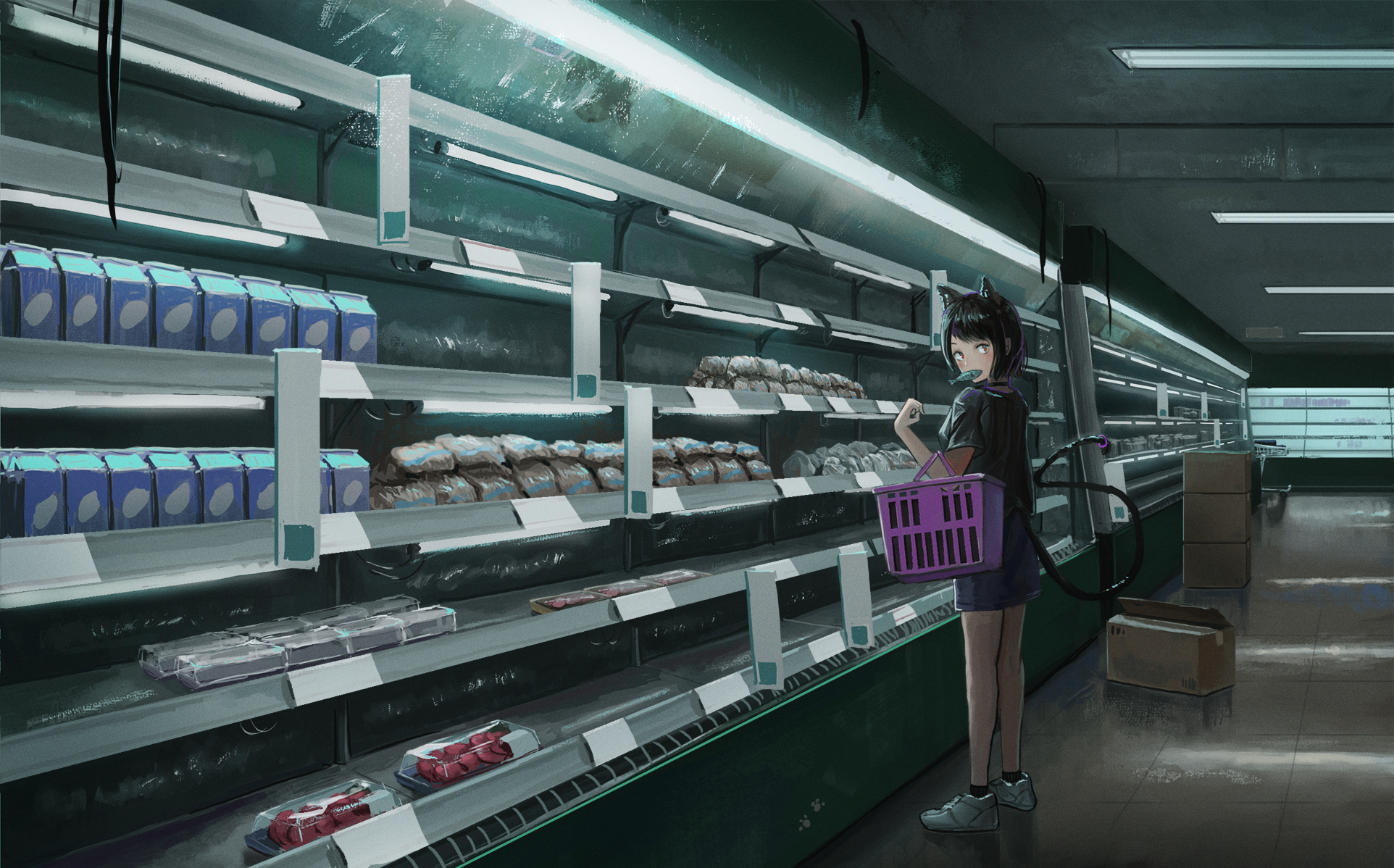 Anime girl with neko ears in a supermarket HD Wallpaper