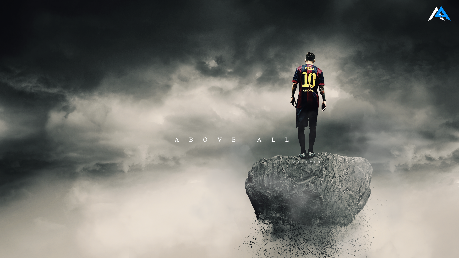 Lionel Messi on a cliff above clouds HD Wallpaper