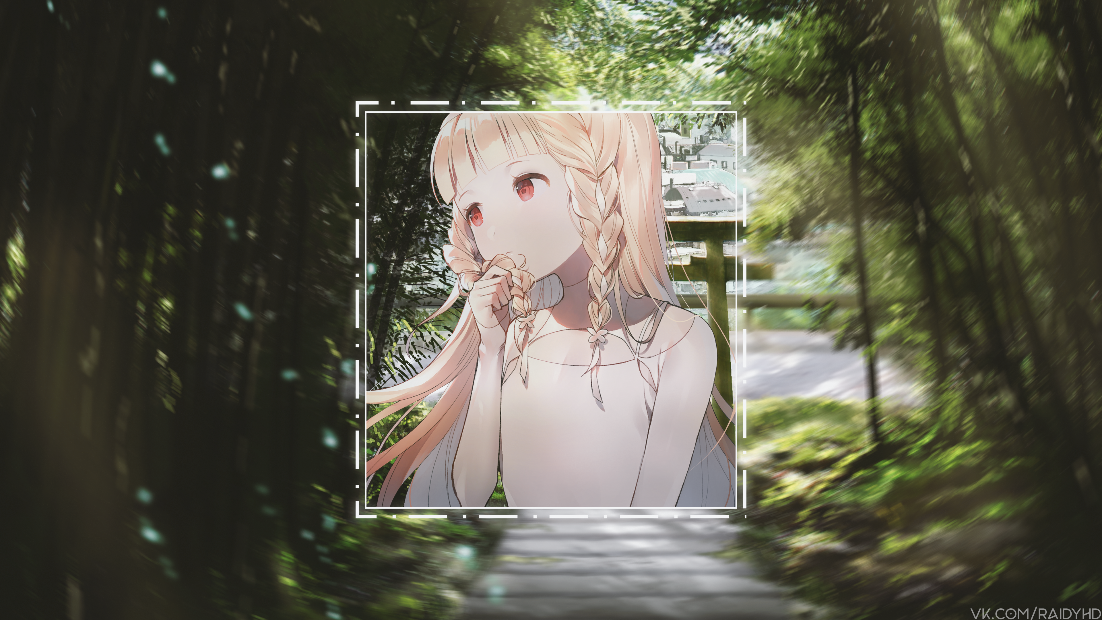 Anime girl with red eyes in a forest HD Wallpaper
